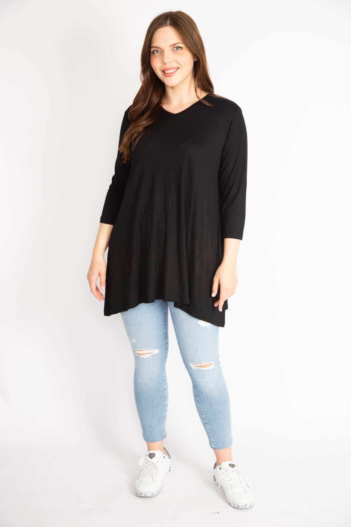 Şans-Women's Black Large Size V-Neck Capri Sleeve Tunic 65n36342 5