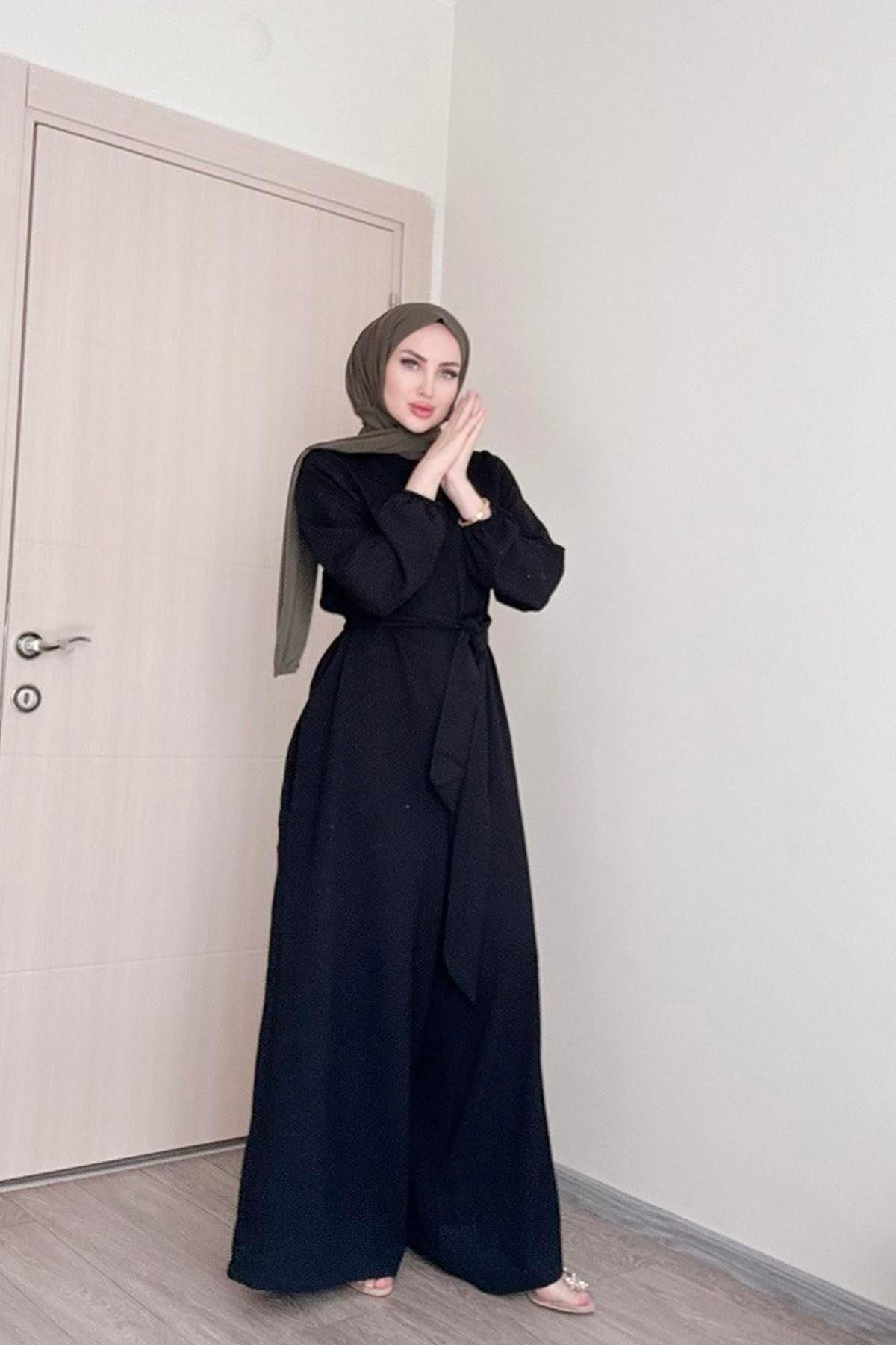 SAYRA-Shawl Women's Black Belted Salaş Cut Islamic Jumpsuit Syr009 3