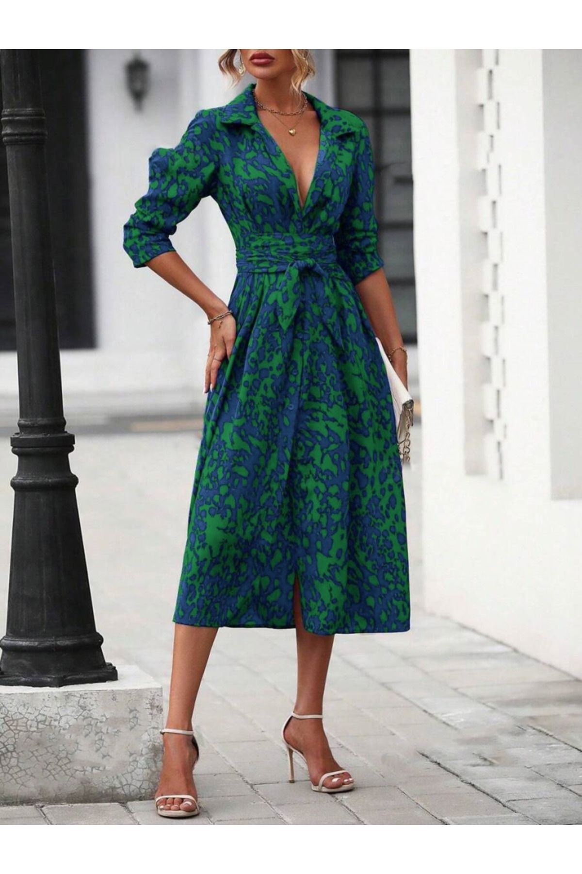 Modayakamoz-Women's Long Sleeve Collared Front Buttoned Waist Belted Long Single Jersey Dress 5