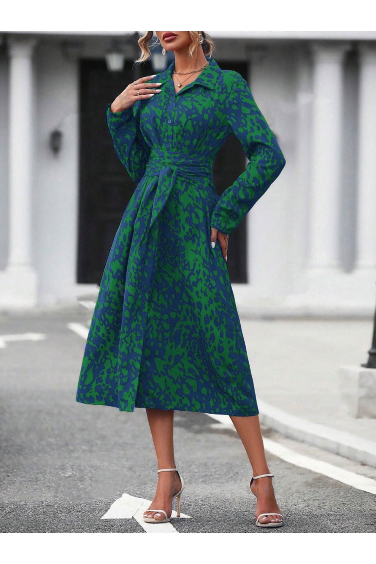 Modayakamoz-Women's Long Sleeve Collared Front Buttoned Waist Belted Long Single Jersey Dress 2