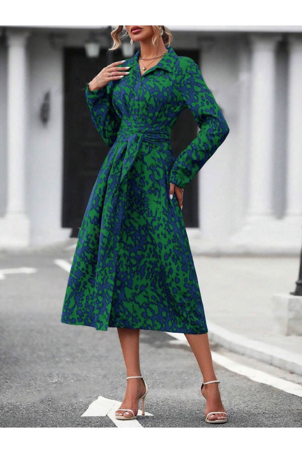 Modayakamoz-Women's Long Sleeve Collared Front Buttoned Waist Belted Long Single Jersey Dress 3