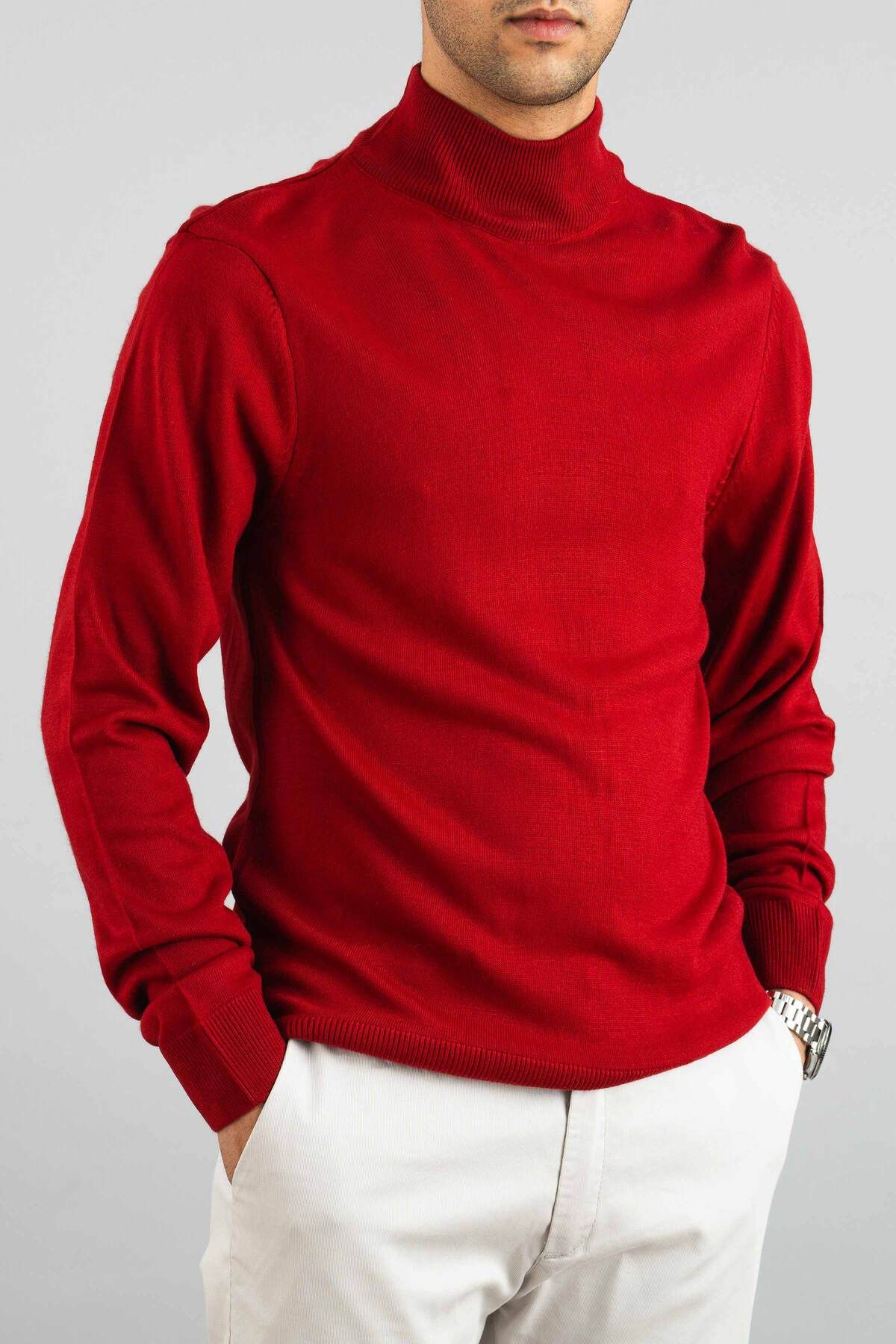 bombe-Roter Slim-Fit-Strickpullover aus Baumwolle mit halbem Rollkragen für Herren 4