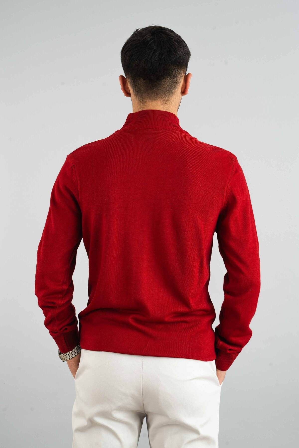 bombe-Roter Slim-Fit-Strickpullover aus Baumwolle mit halbem Rollkragen für Herren 5