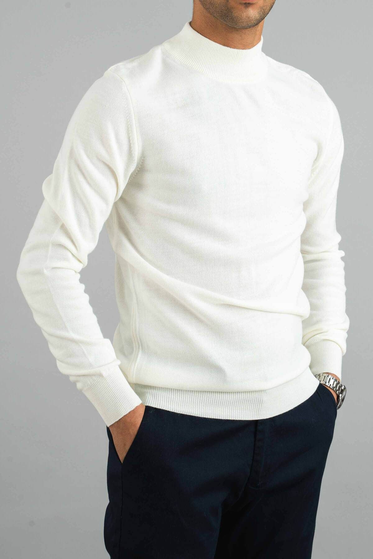 bombe-Pánský bílý polotuhý úpletový svetr Slim Fit Bavlněný polotuhý 5