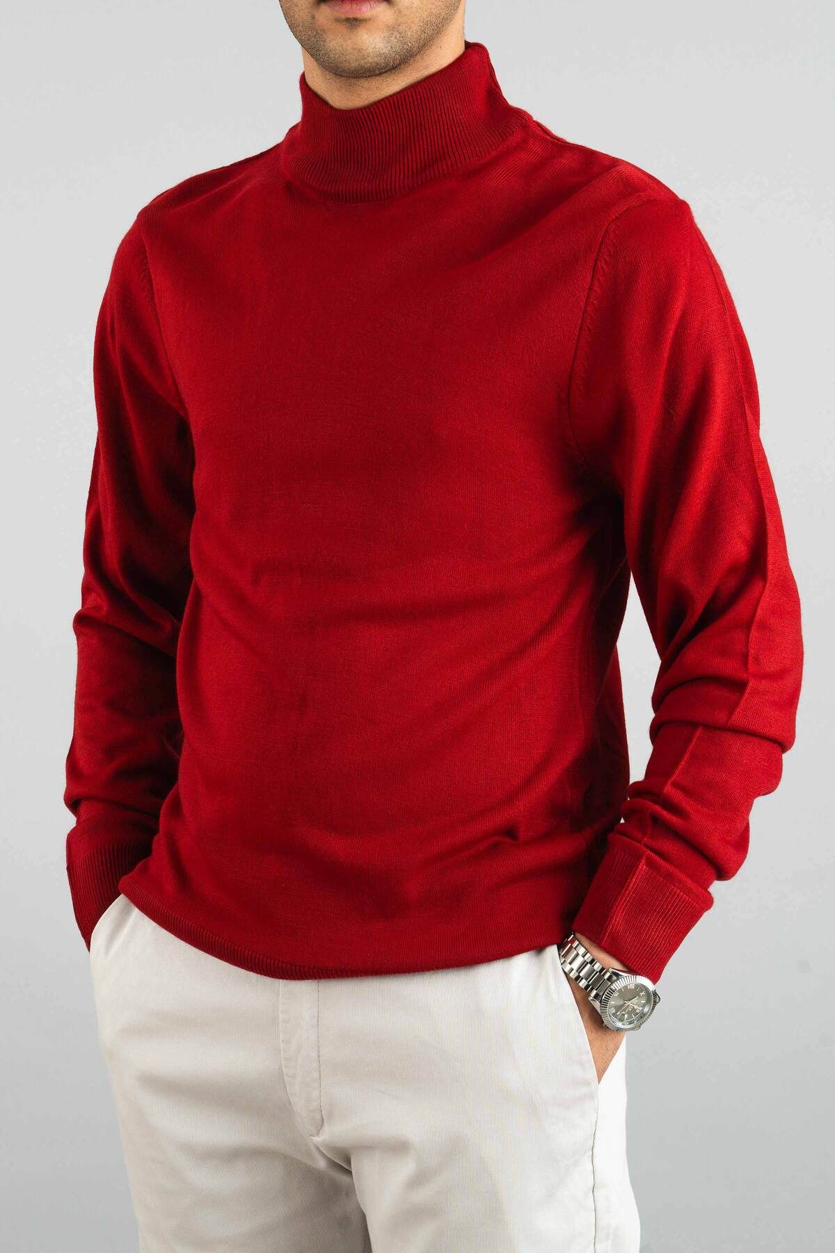 bombe-Roter Slim-Fit-Strickpullover aus Baumwolle mit halbem Rollkragen für Herren 1