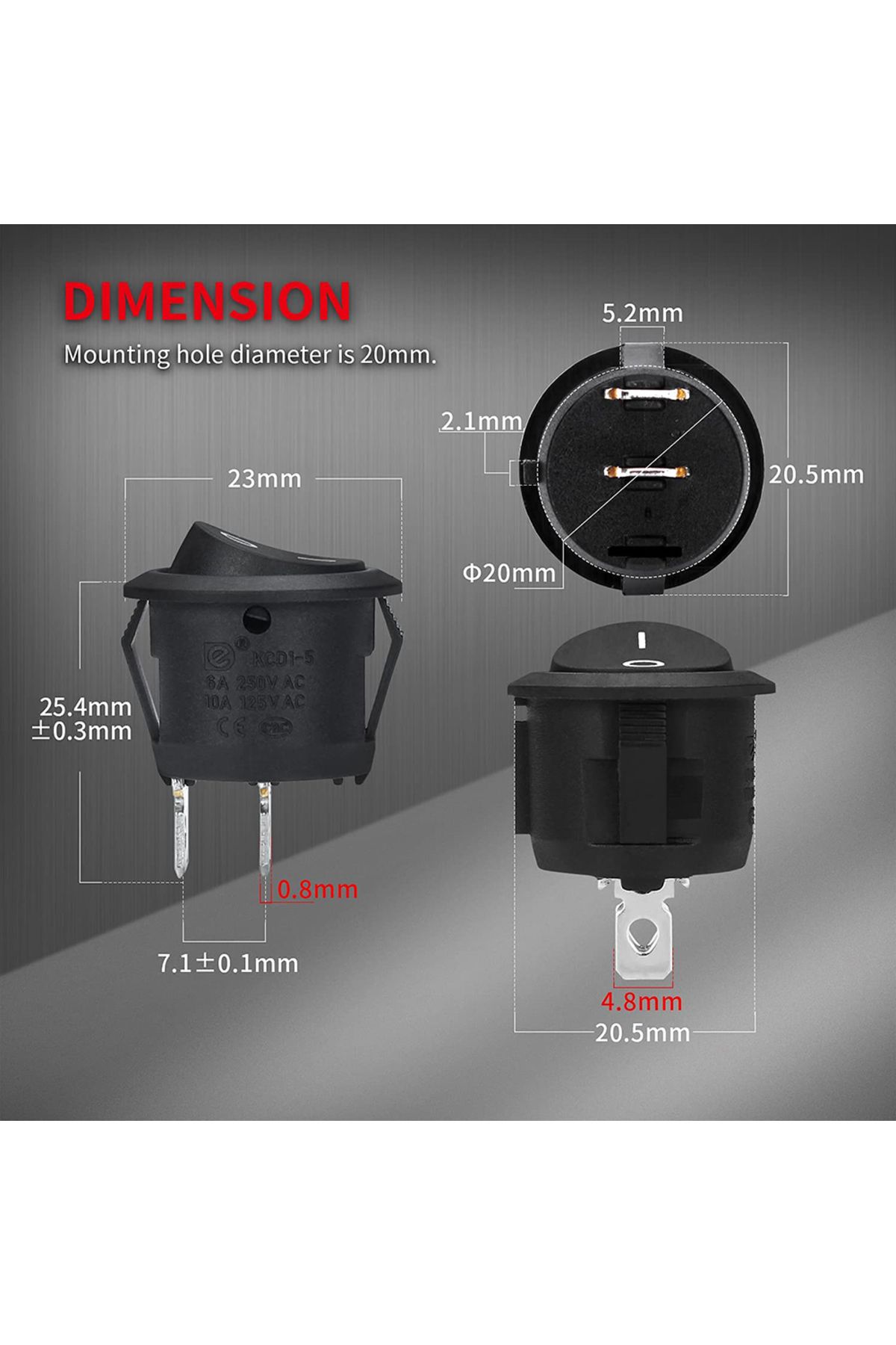 Choice-5/10Pcs ON/OFF Round Rocker Switch MINI Toggle Switch 2 Pin SPST Push Button Switch DC 12V-24V 20... 6