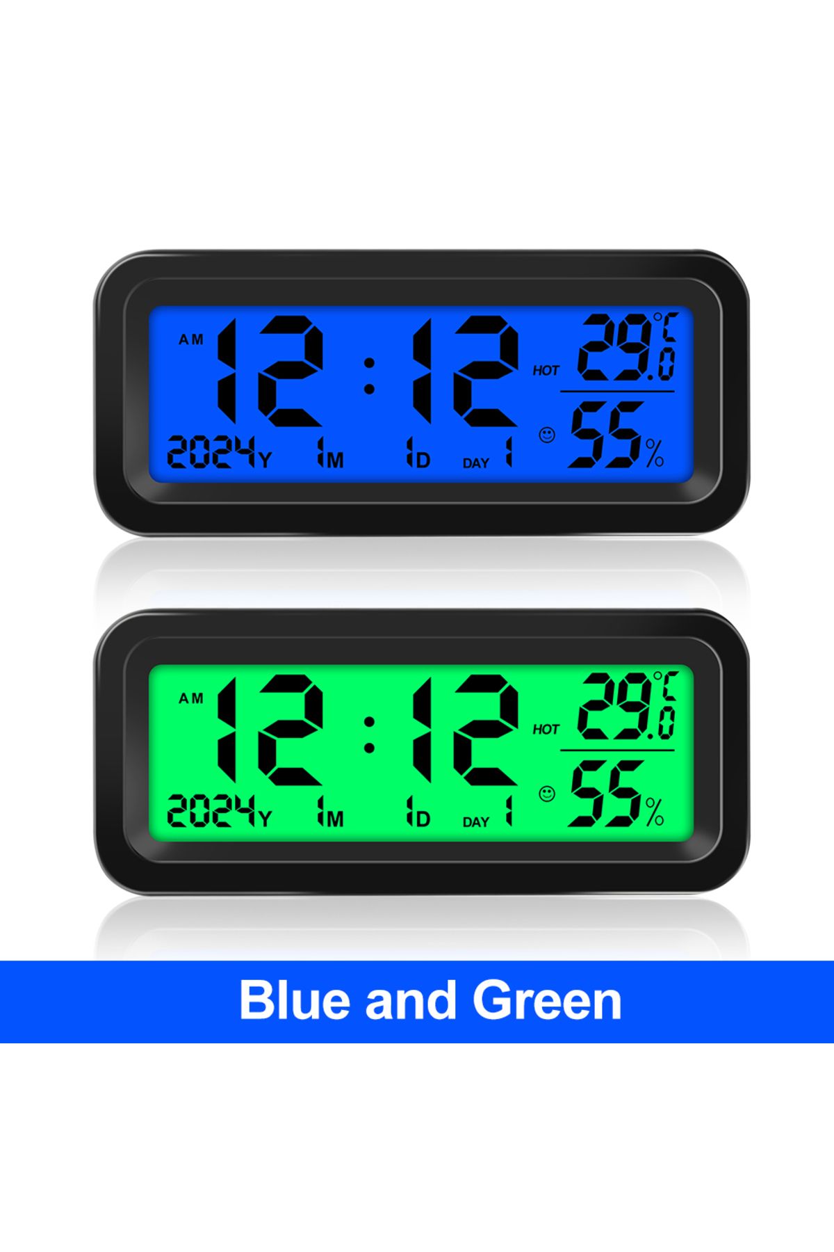 Choice-Solar Blue Green Digital Car Clock Solar/USB Powered with Date Week Temperature Humidity LCD Backlit 1