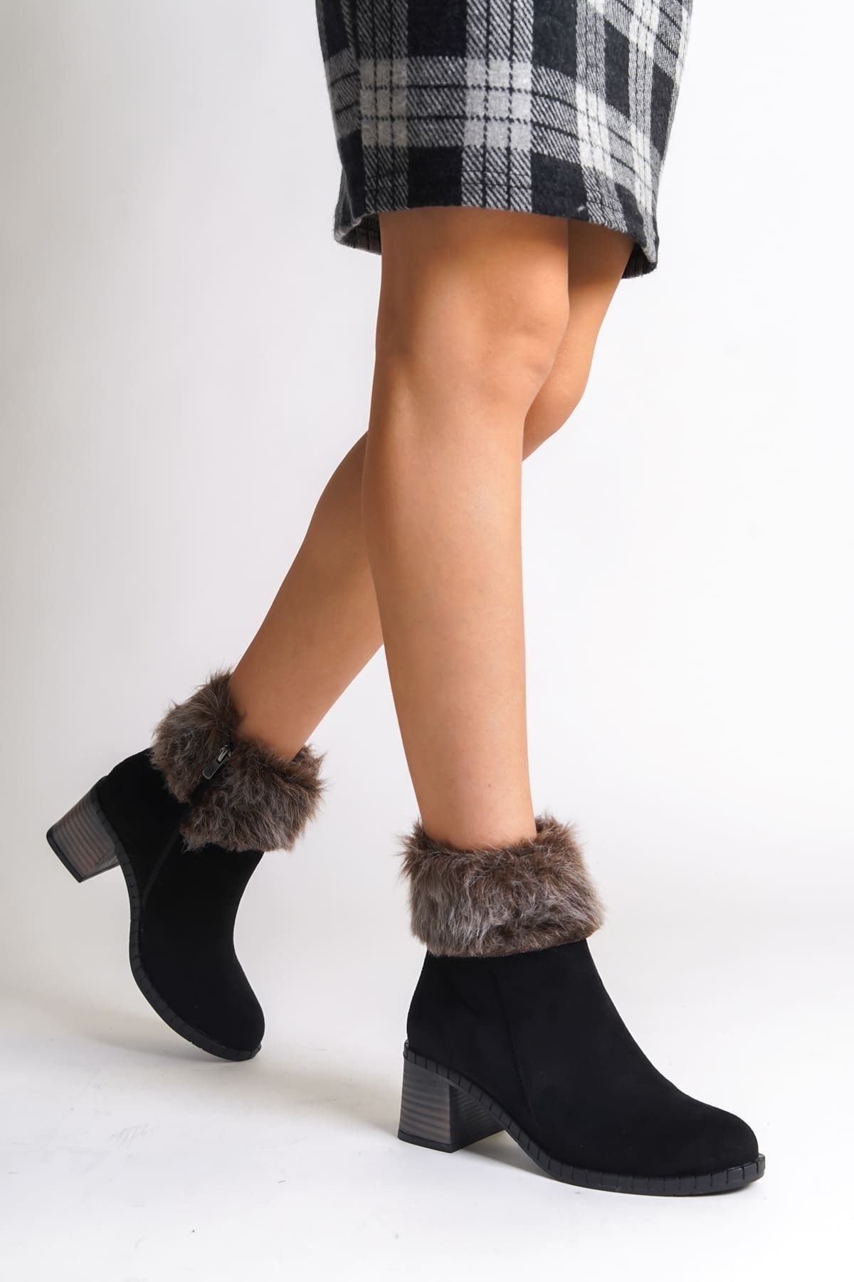 Rozero Shoes-Ember Suede Boots for Women - Zip-Up, Orthopedic Sole, Water and Cold Resistant, Hairy Heels - St Black 2