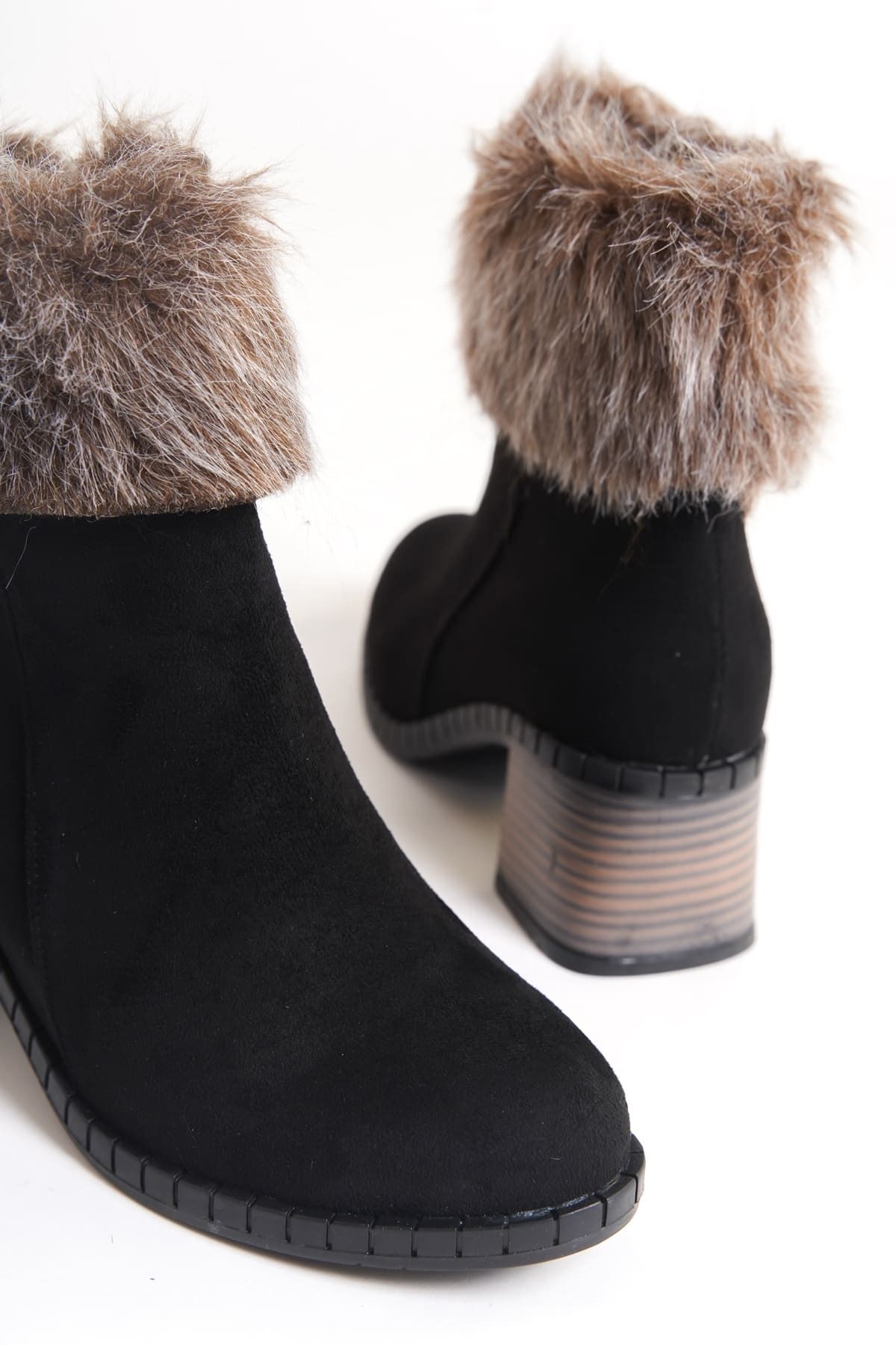 Rozero Shoes-Ember Suede Boots for Women - Zip-Up, Orthopedic Sole, Water and Cold Resistant, Hairy Heels - St Black 5