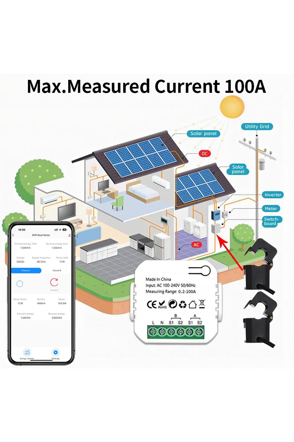 Vikefon-2CT 100A Wifi Tuya Intelligent Energy Meter Solar PV System Power Production Consumption Bidirection 3