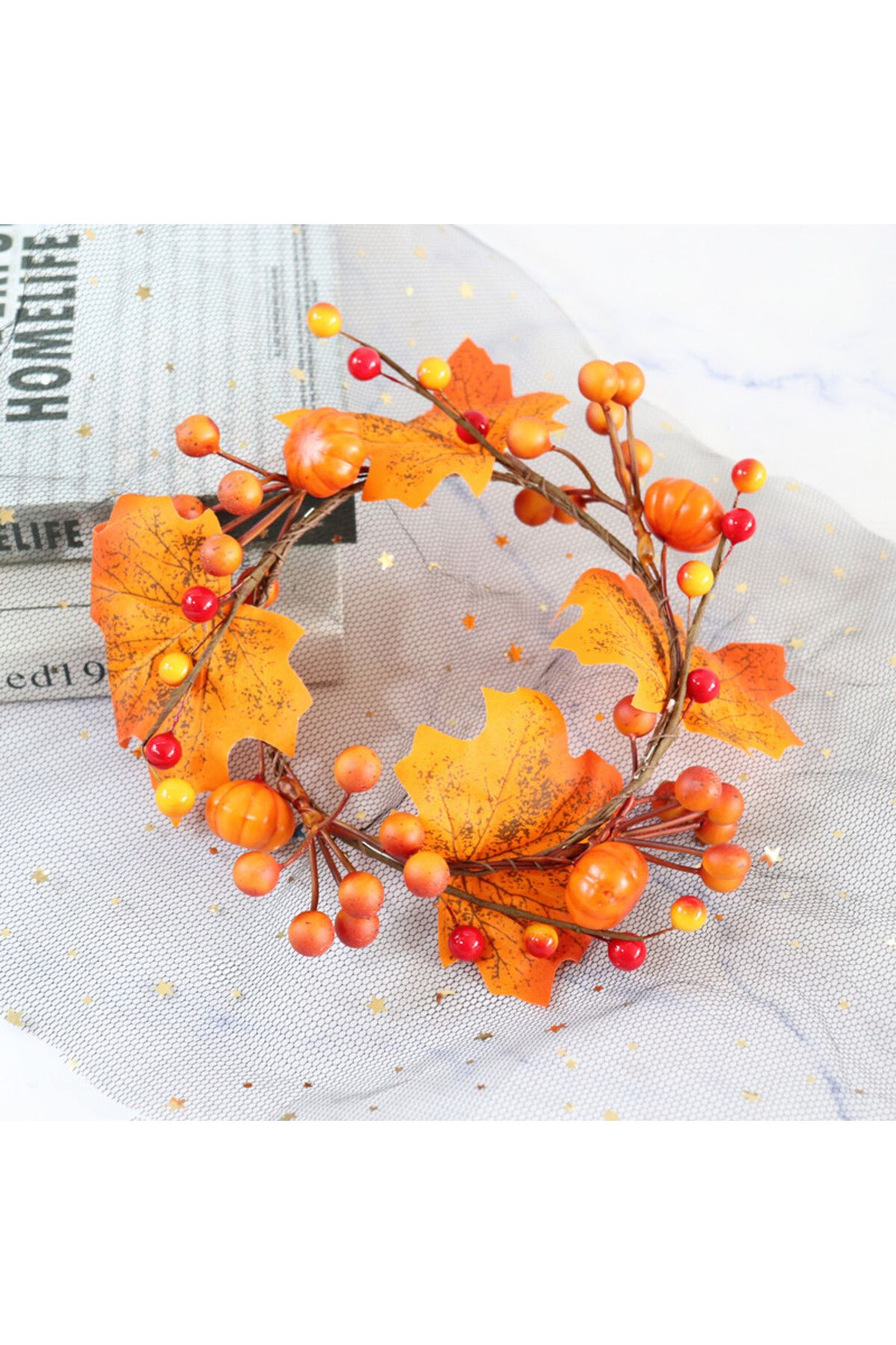 Choice-Simulated Pumpkin Maple Leaf Garland Small Wreath Candle Ring for Halloween Thanksgiving Day Deco... 5