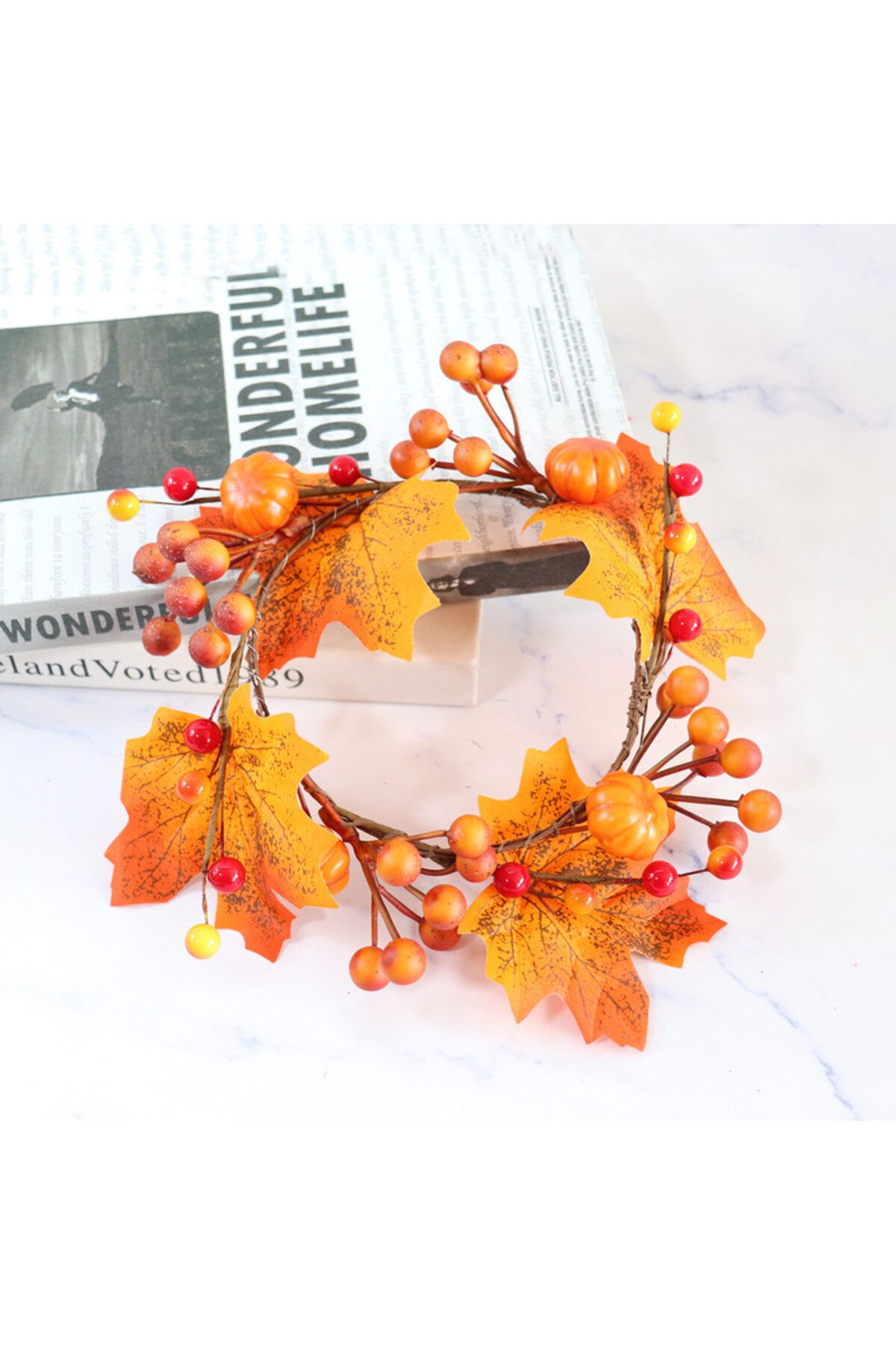 Choice-Simulated Pumpkin Maple Leaf Garland Small Wreath Candle Ring for Halloween Thanksgiving Day Deco... 1