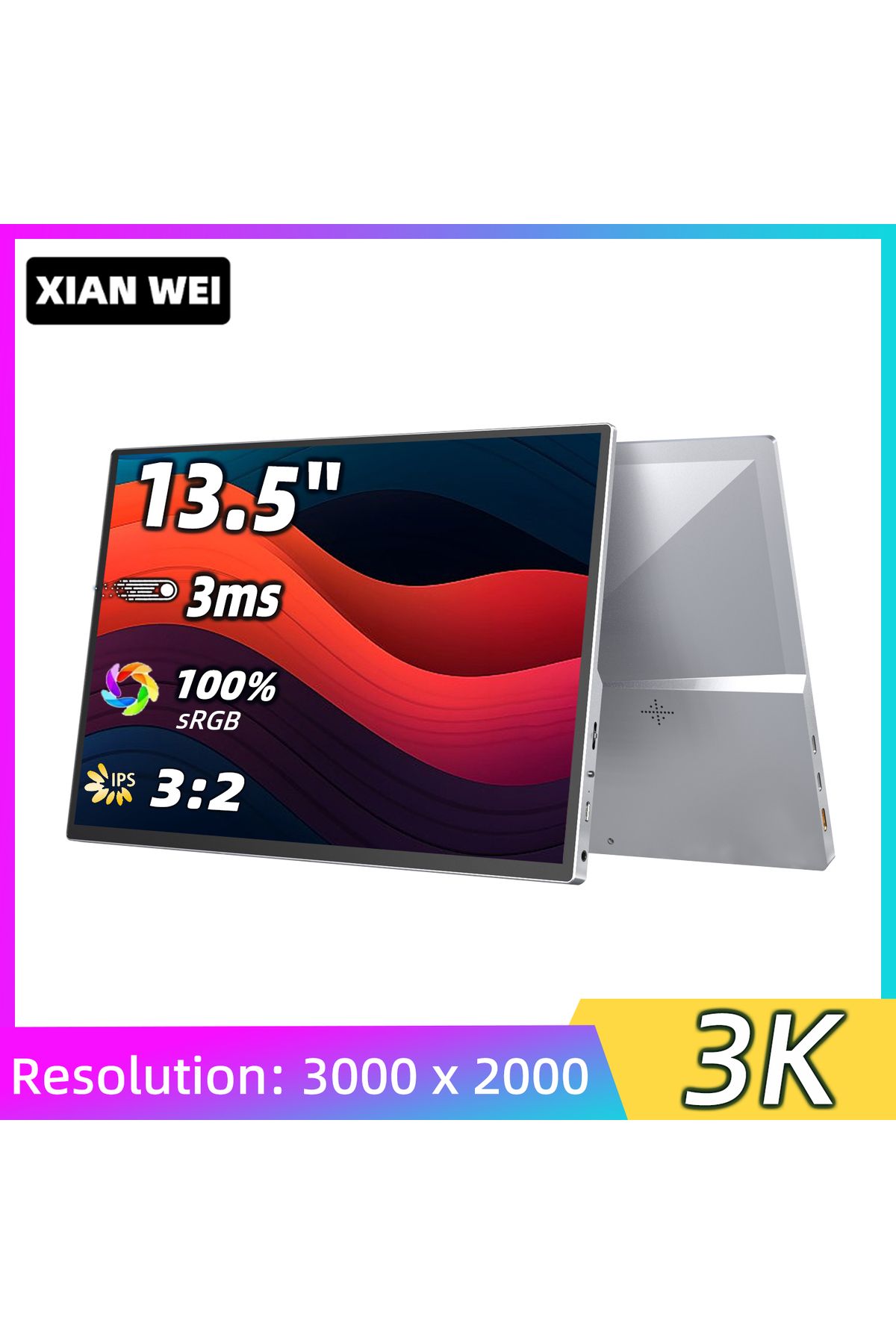 Choice-XIAN WEI 13.5 Inch 3K Portable Monitor 3:2 IPS Office Game External Display Screen USB C For Lapt... 2
