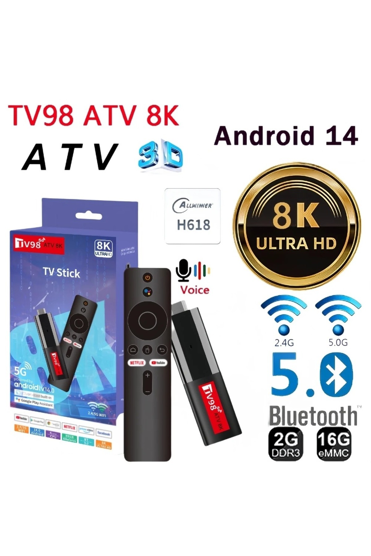 Choice-TV98 ATV Mini TV Stick Android 14 Allwinner H618 Quad Core Cortex A53 Support 8K Video 4K Wifi6 B... 2