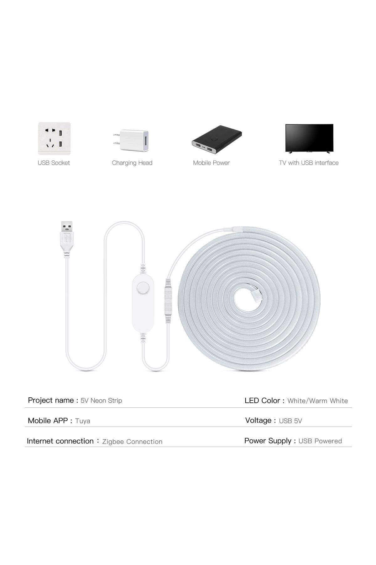 CHNAITEKE-Smart ZigBee 5V USB Neon Light LED Strip Dimmable Tape Ribbon Work With Tuya Gateway Hue Bridge S... 3