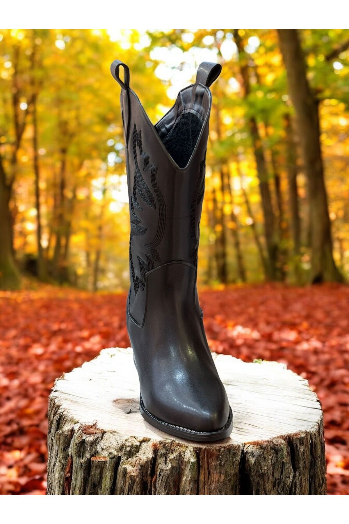 ALDİ-Aldi̇ Black Leather Black Embroidered Zipperless Western Women's Cowboy Boots 3
