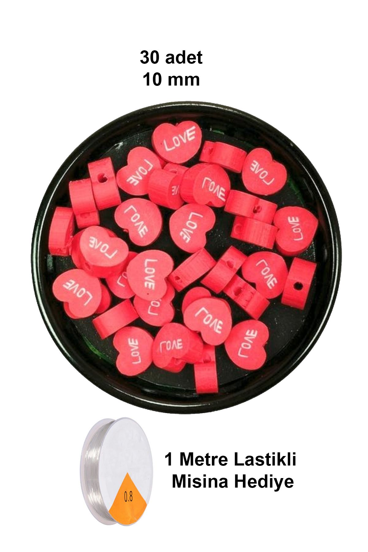 NEZADE STORE 30 Adet 10 mm Polimer Kil Fimo Boncuk Takı Bileklik + 1 Metre Lastikli Misina Hediye - Kalp Love