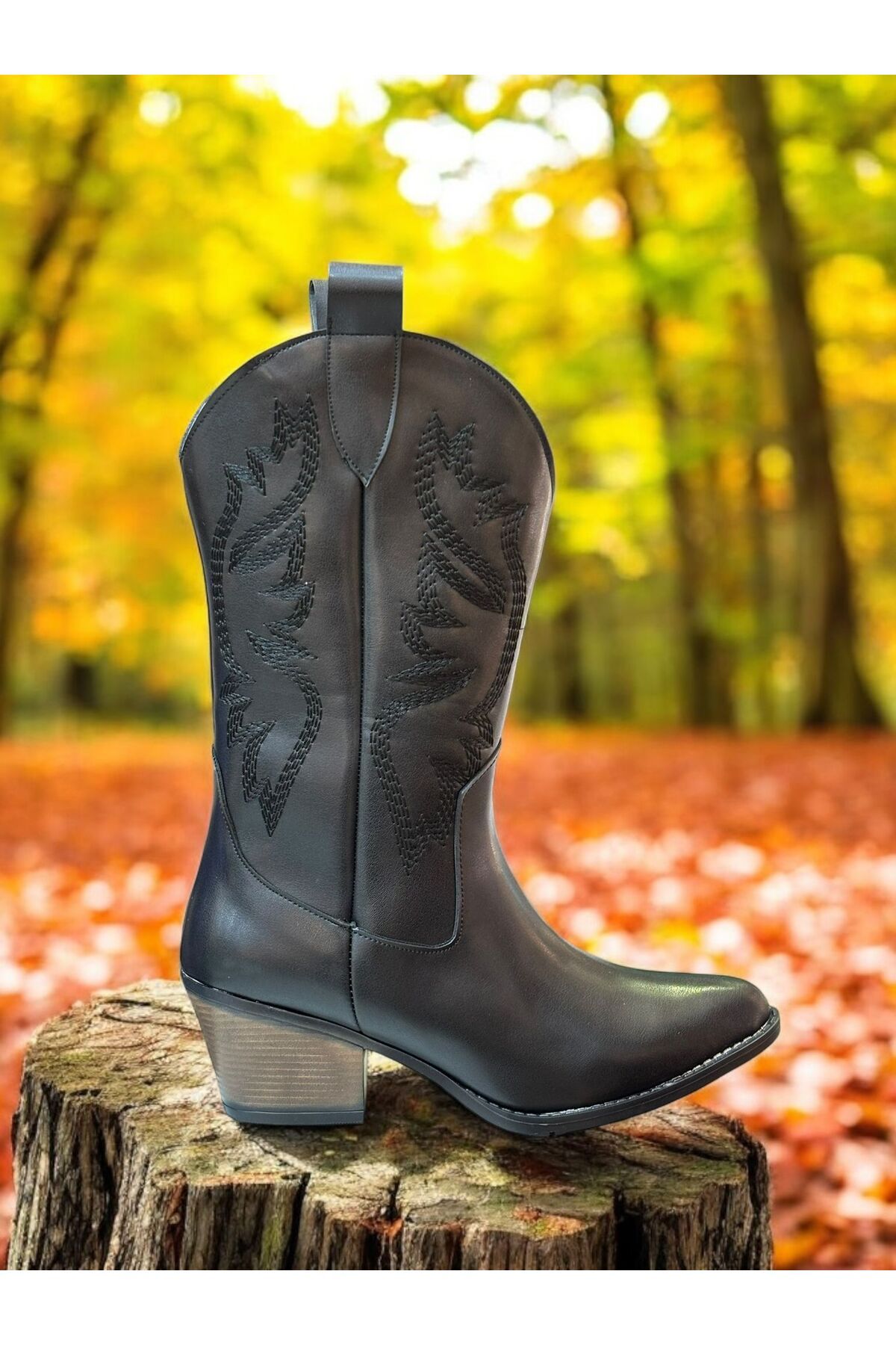 ALDİ-Aldi̇ Black Leather Black Embroidered Zipperless Western Women's Cowboy Boots 1