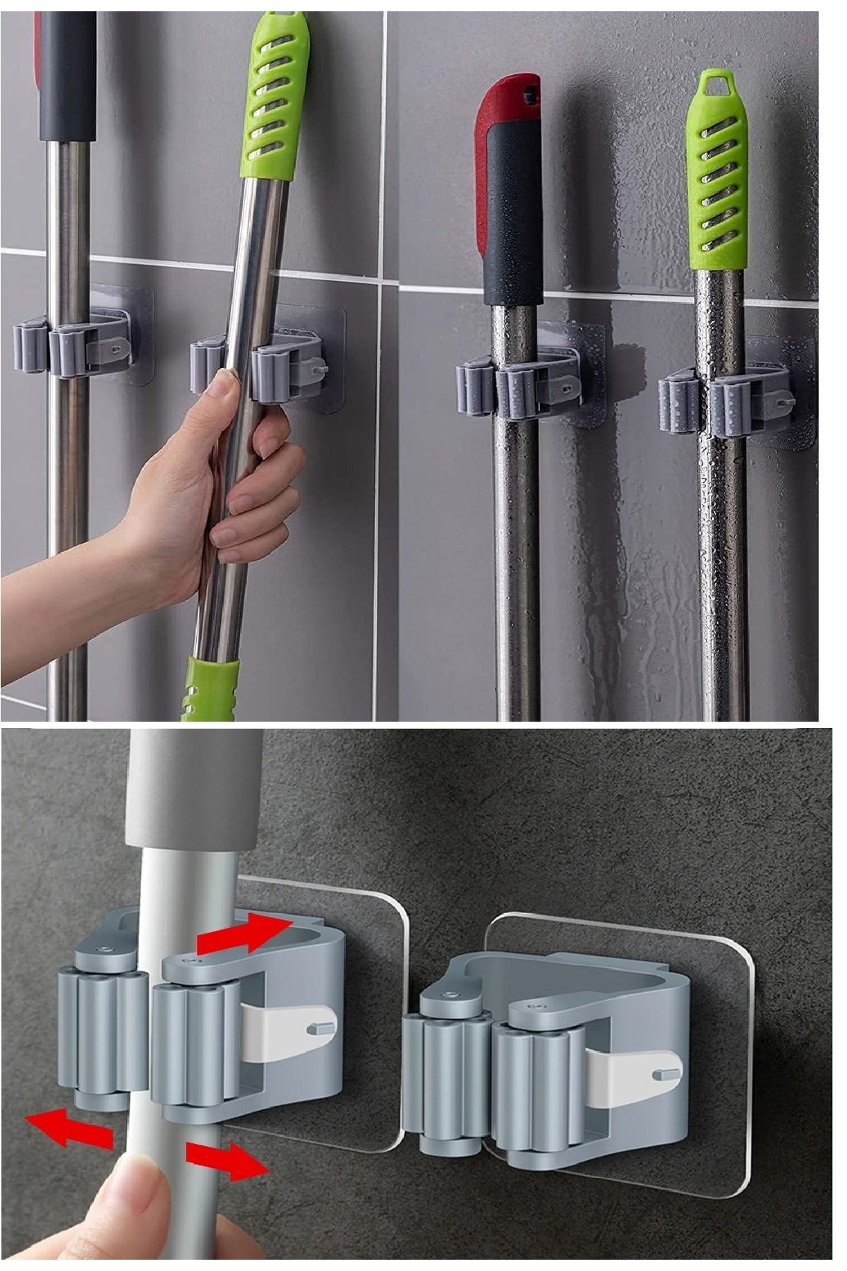 Ovebu 4 Lü Kelebek Yapışkanlı Mop Fırça Çekpas Sap Tutucu Organizer Banyo Düzenleyici