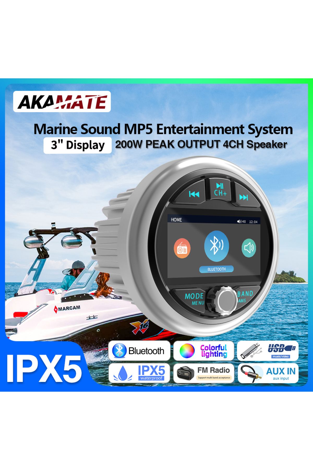 Choice-AKAMATE Boat Radio MP5 Marine Stereo Source Media Player AM FM RDS Receiver MP3 MP4 Video Play Bl... 1