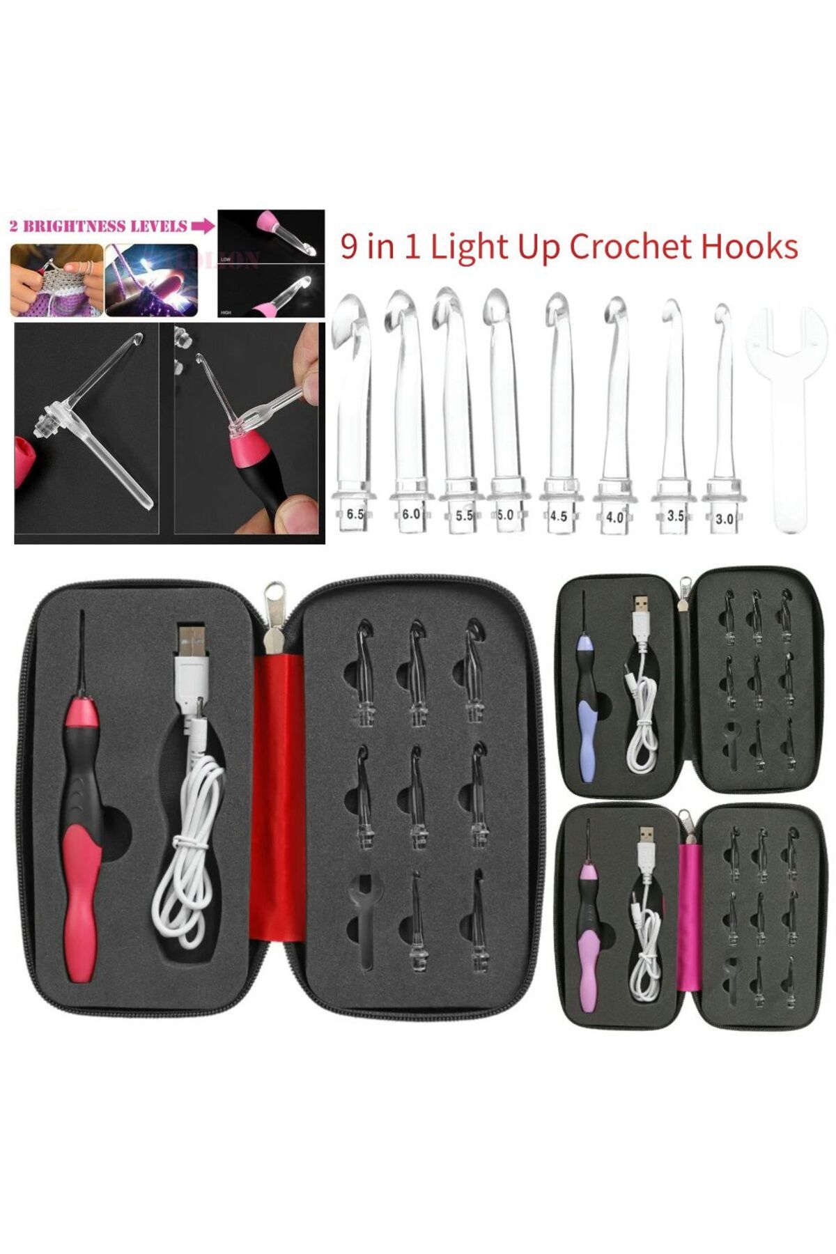 Choice-9 in 1 USB Light Up Crochet Hooks Sets Handmade DIY Knitting Needles Kits with LED Lights Weaving... 2