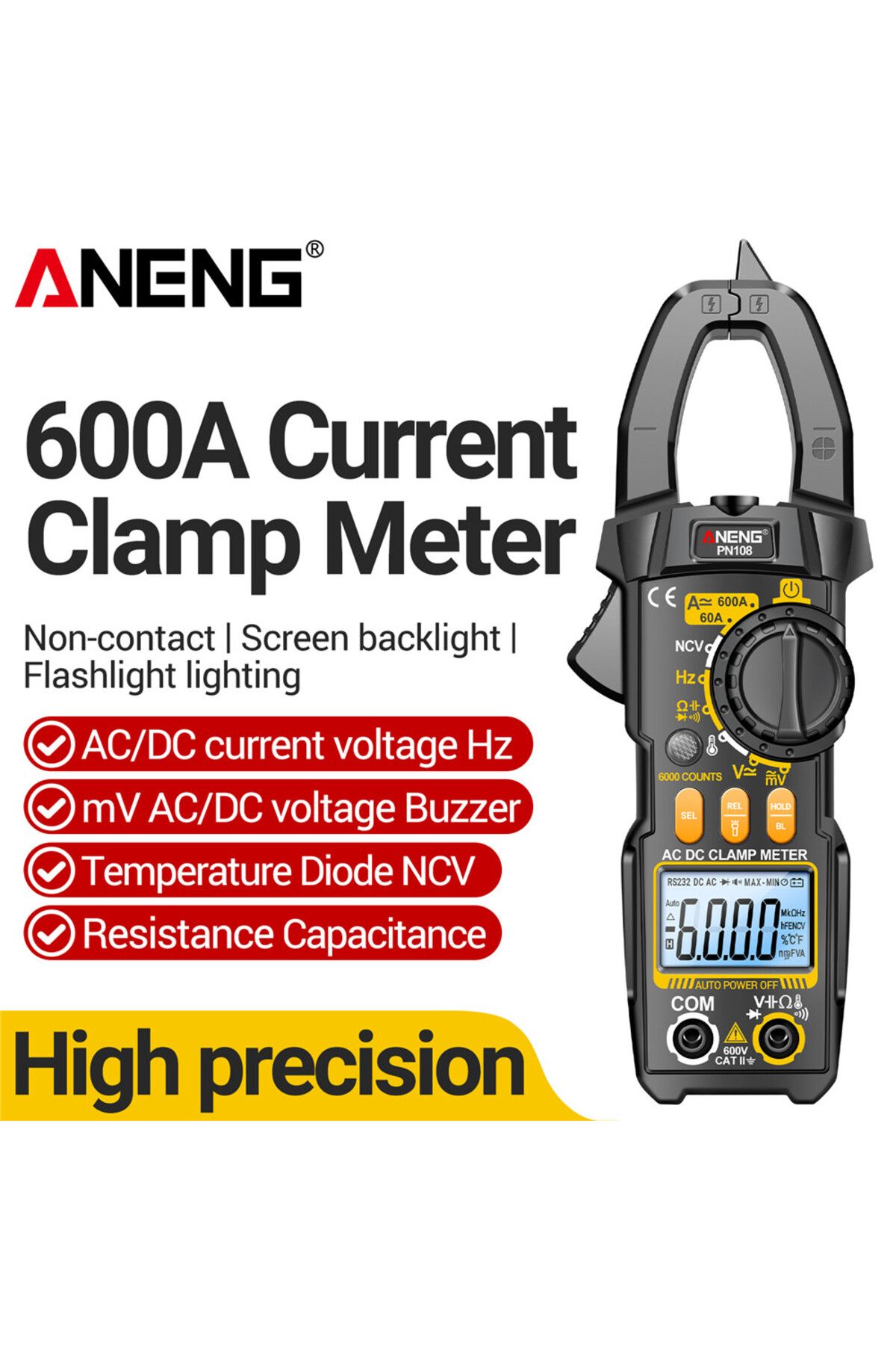 ANENG-PN108 Clamp Meter 6000 Counts AC/DC Voltage 600A Current Multimeter Resistance Capacitance ... 2
