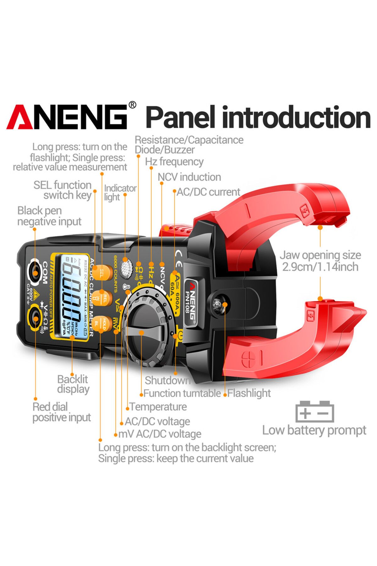 ANENG-PN108 Clamp Meter 6000 Counts AC/DC Voltage 600A Current Multimeter Resistance Capacitance ... 5