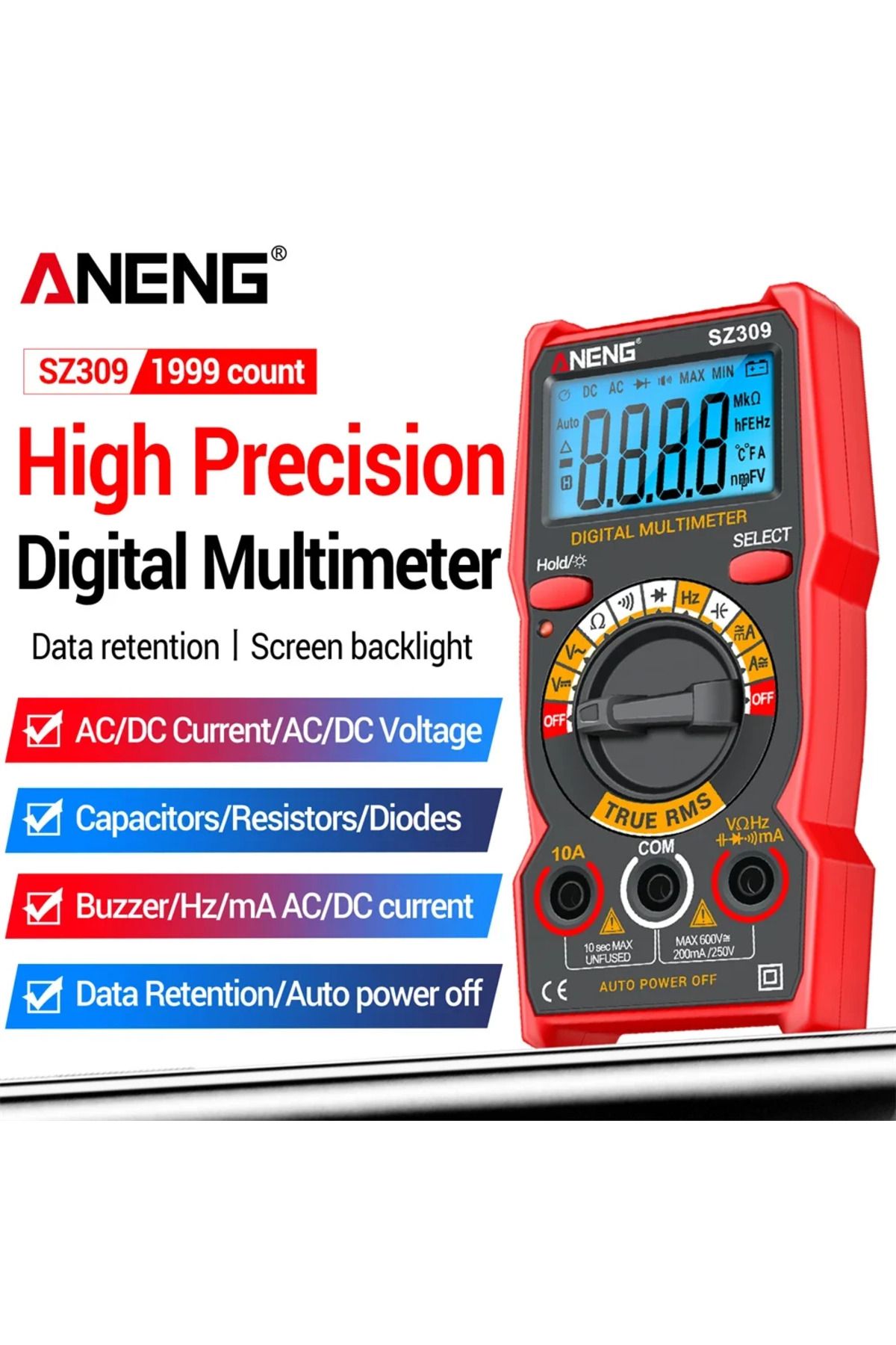 ANENG-SZ309 Red Multimeter AC/DC Voltage Current Tester Digital Backlit Easy To Carry Electrical ... 2