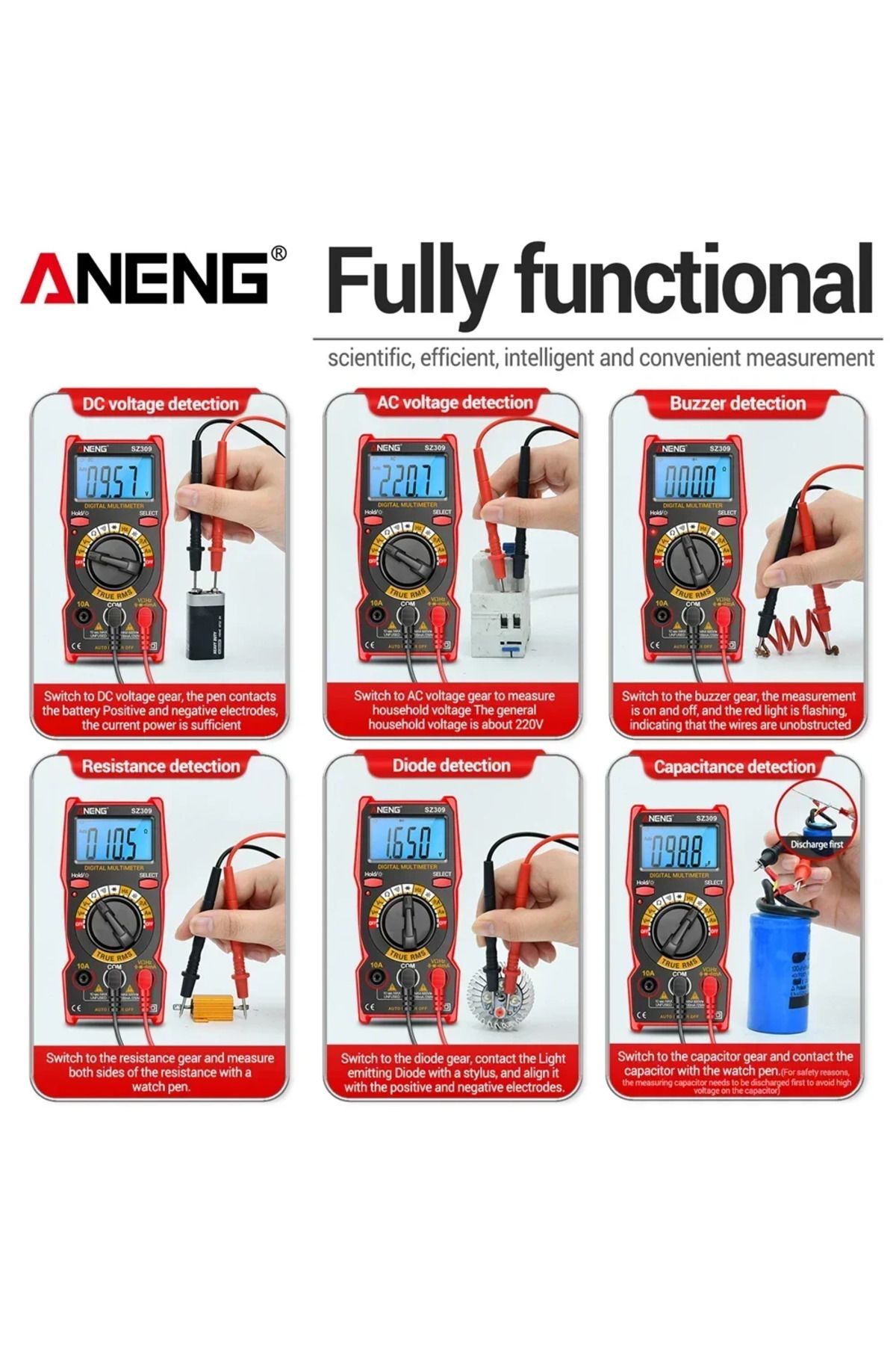 ANENG-SZ309 Red Multimeter AC/DC Voltage Current Tester Digital Backlit Easy To Carry Electrical ... 7