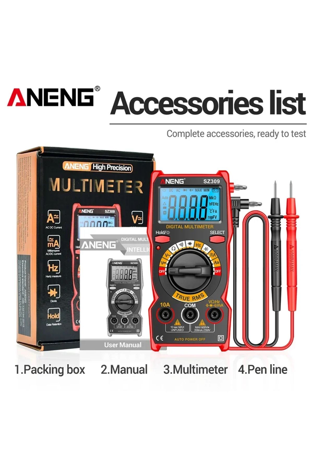 ANENG-SZ309 Red Multimeter AC/DC Voltage Current Tester Digital Backlit Easy To Carry Electrical ... 8