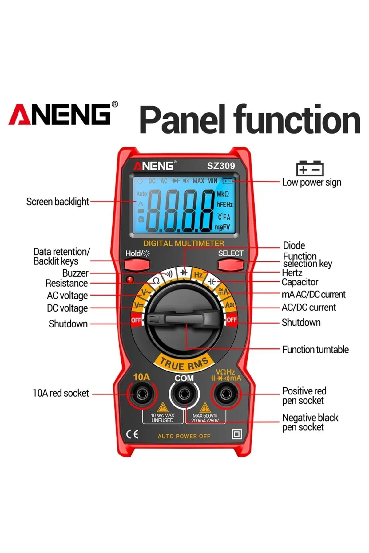ANENG-SZ309 Red Multimeter AC/DC Voltage Current Tester Digital Backlit Easy To Carry Electrical ... 6