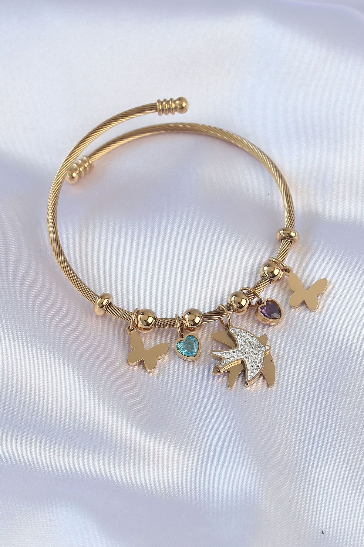 BirdoluSepet 316L Çelik Gold Renk Zirkon Taşlı Minimal Kalp Detay Kelebek Charm Bileklik