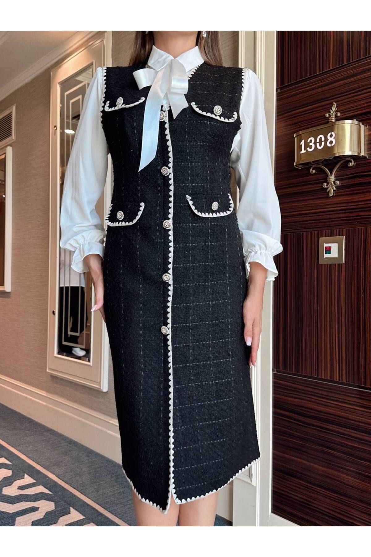 1Moda1Tarz-Rochie neagră din tweed importat și țesătură țesătă pentru femei, cu nasturi și detalii despre accesorii, design special, căptușită 6