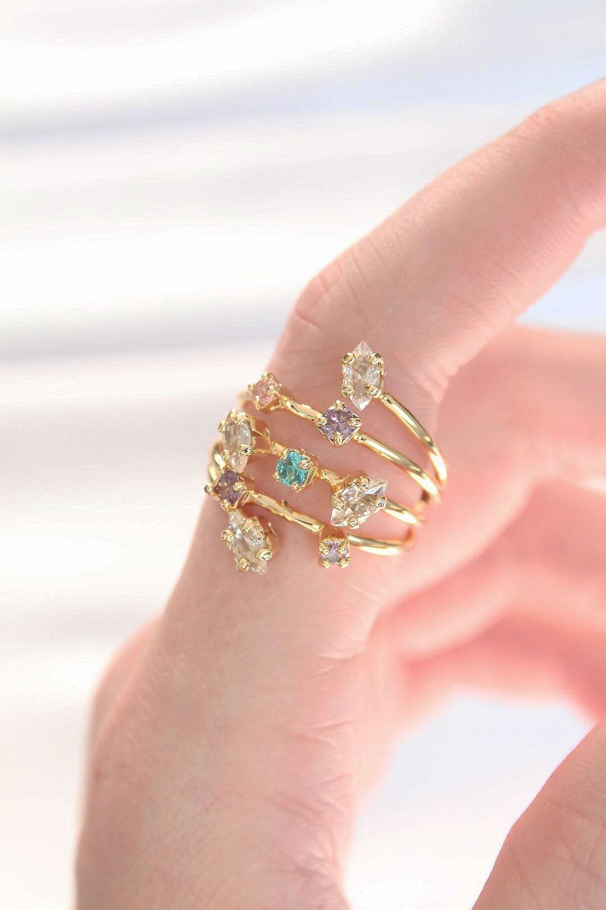 KfksStore Renkli Zirkon Taşlı Gold Renk Ayarlanabilir Yüzük