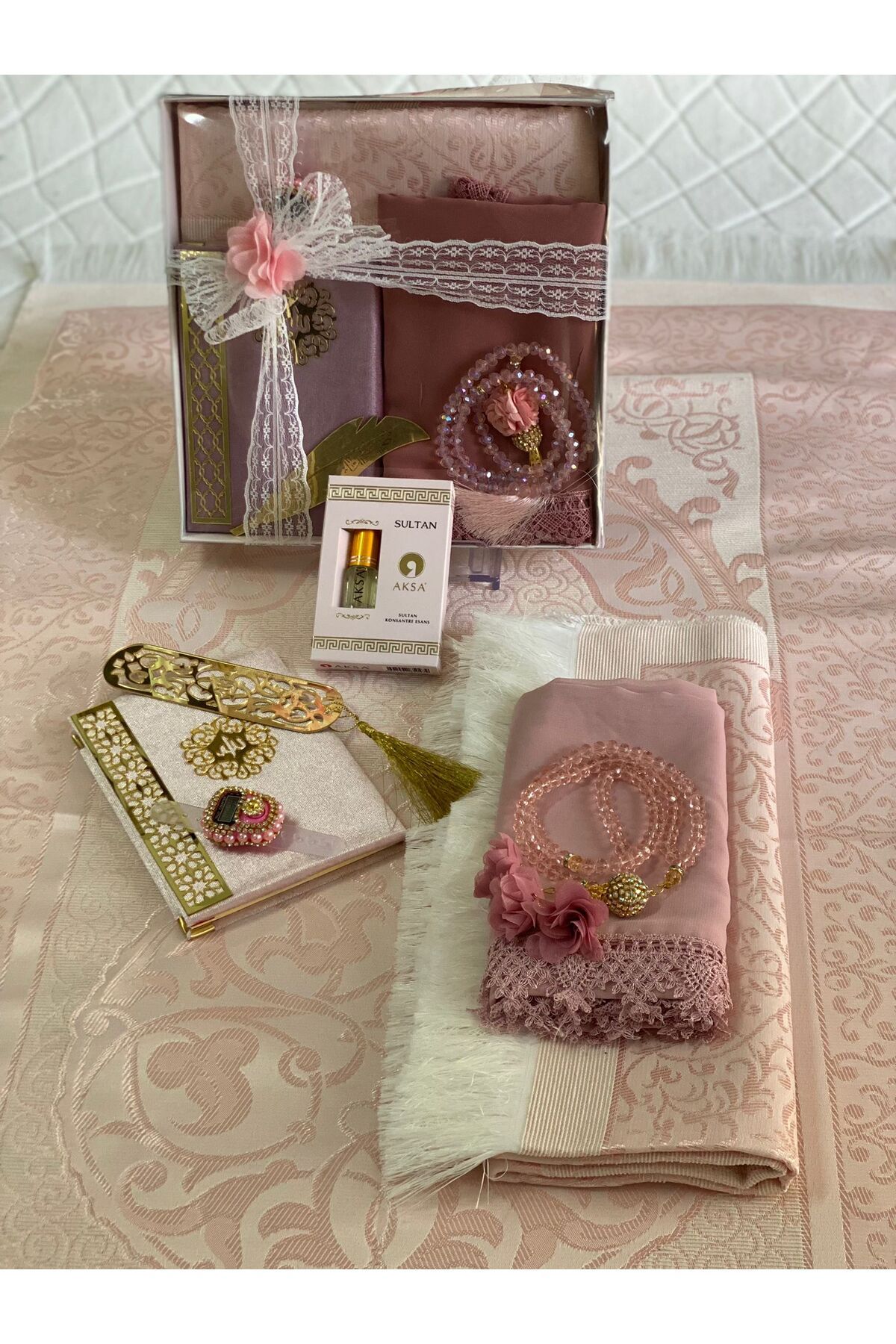 Azra-Gift Yasin Set, Prayer Rug, Rose Crystal Prayer Beads, Zikirmatik, Essence, Bookmark, Shawl 3