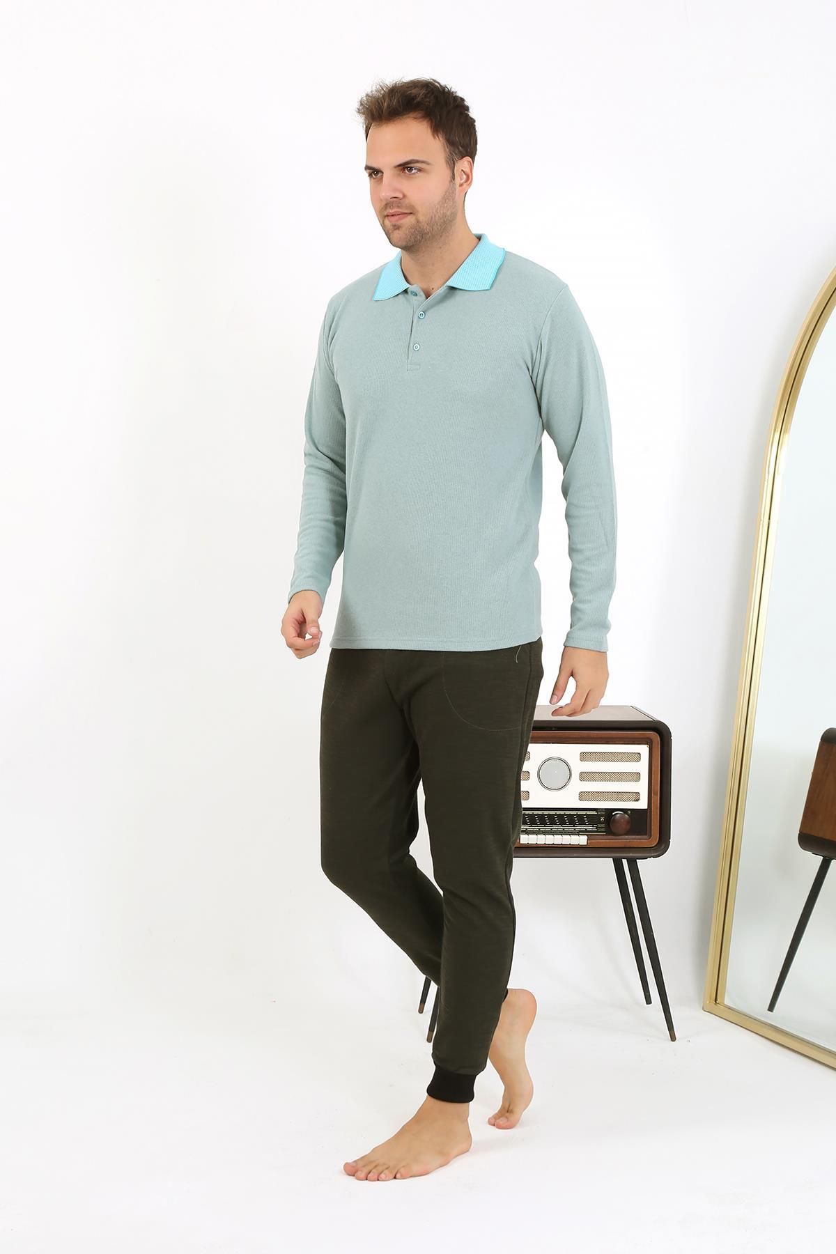 Akbeniz-Men's Polo Collar Long Sleeve Combed Cotton Pajama Set 6862 Water Green 4