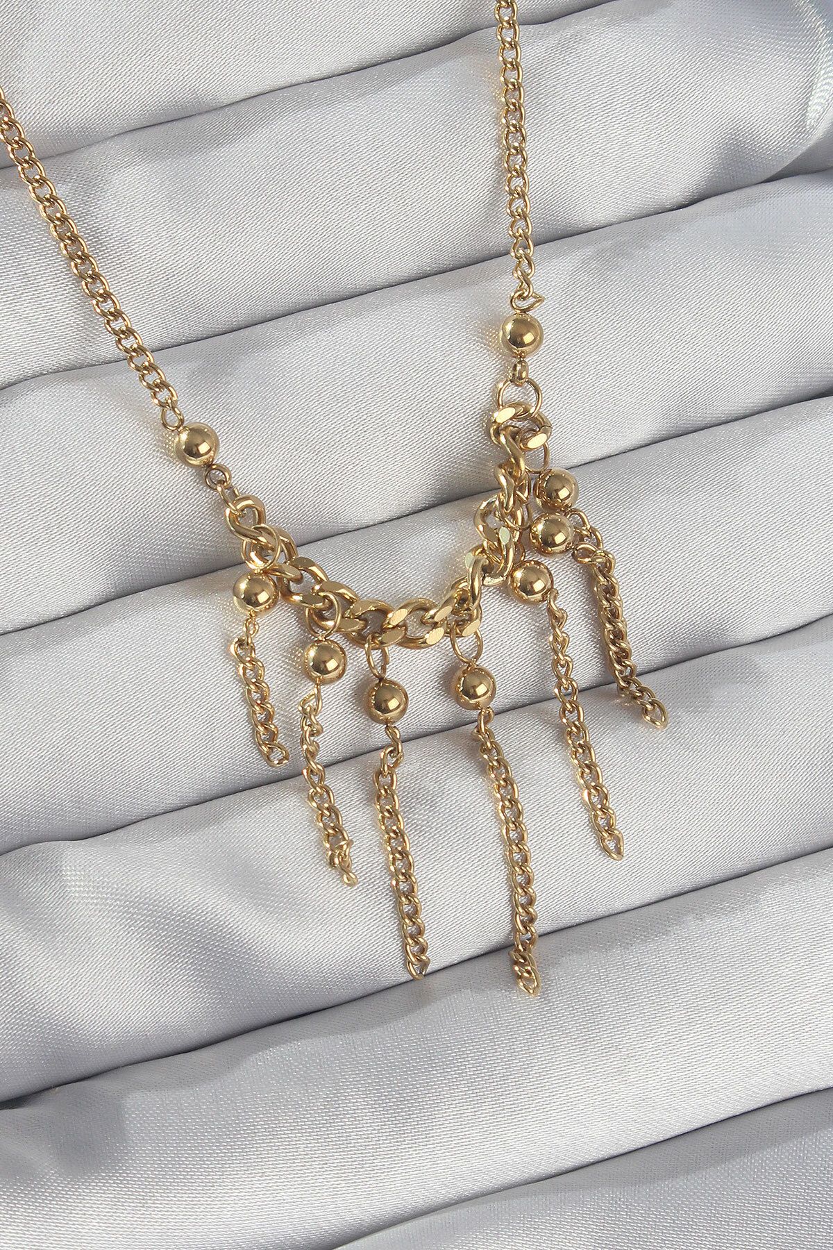 New Things 316L Çelik Zincir Gold Renk Topçuk Detay Sallantılı Zincir Kolye