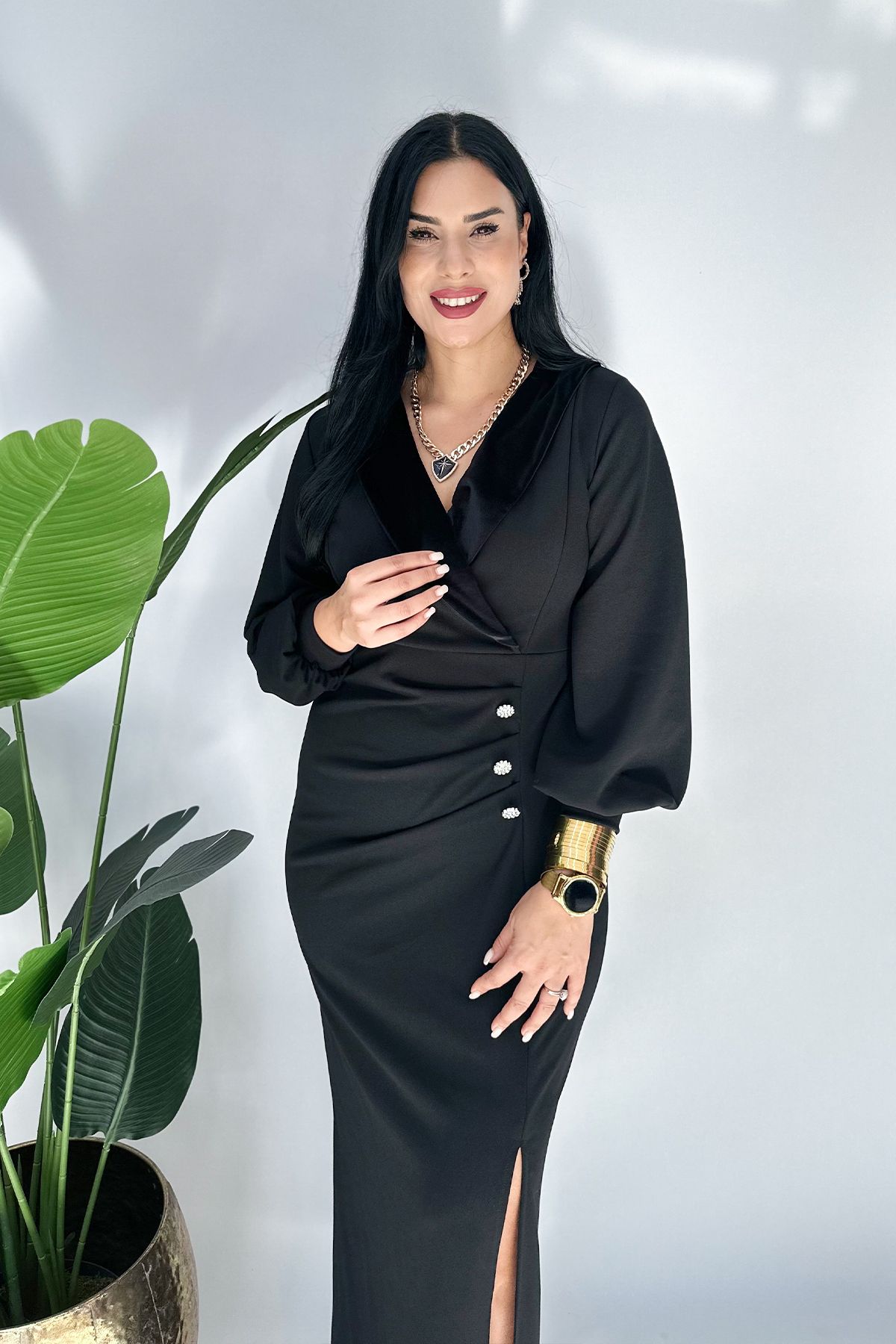 GÖKSEL-Plus Size Dress with Slits - Black 2