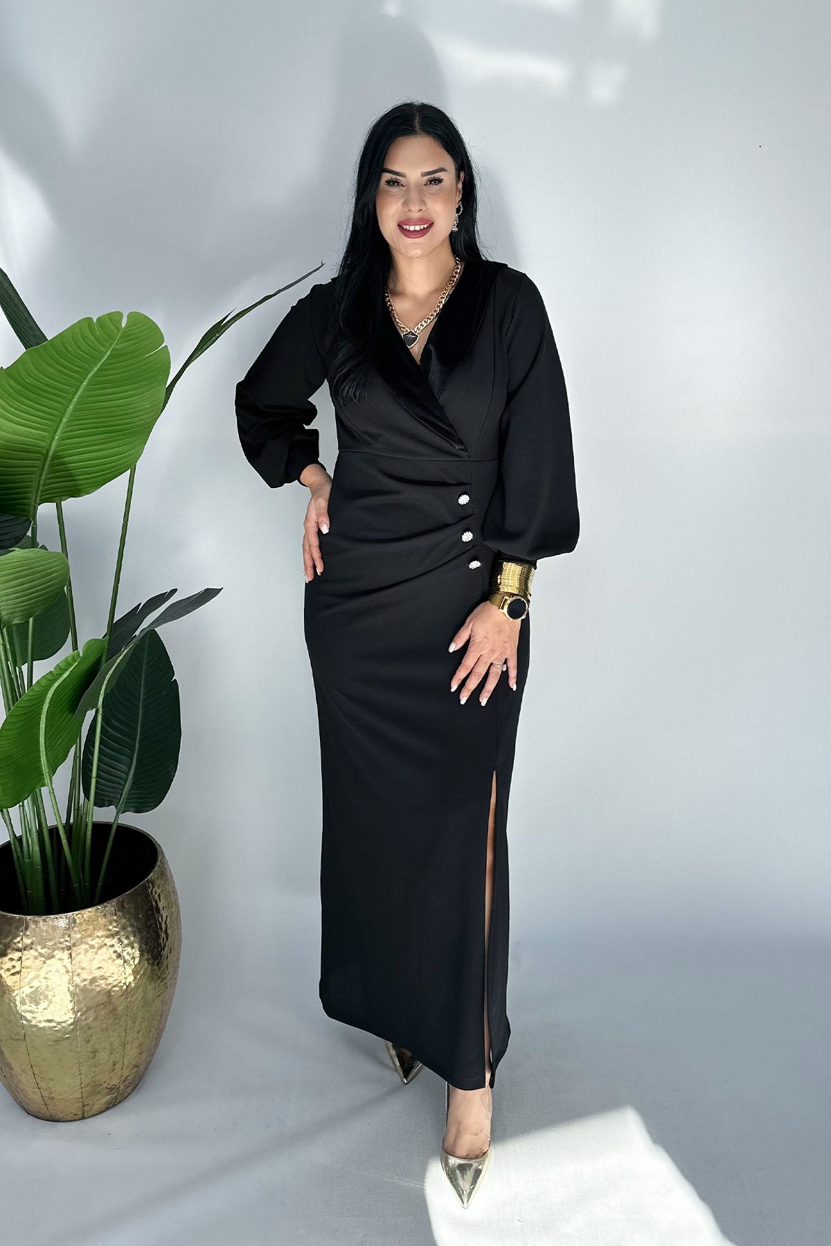 GÖKSEL-Plus Size Dress with Slits - Black 7
