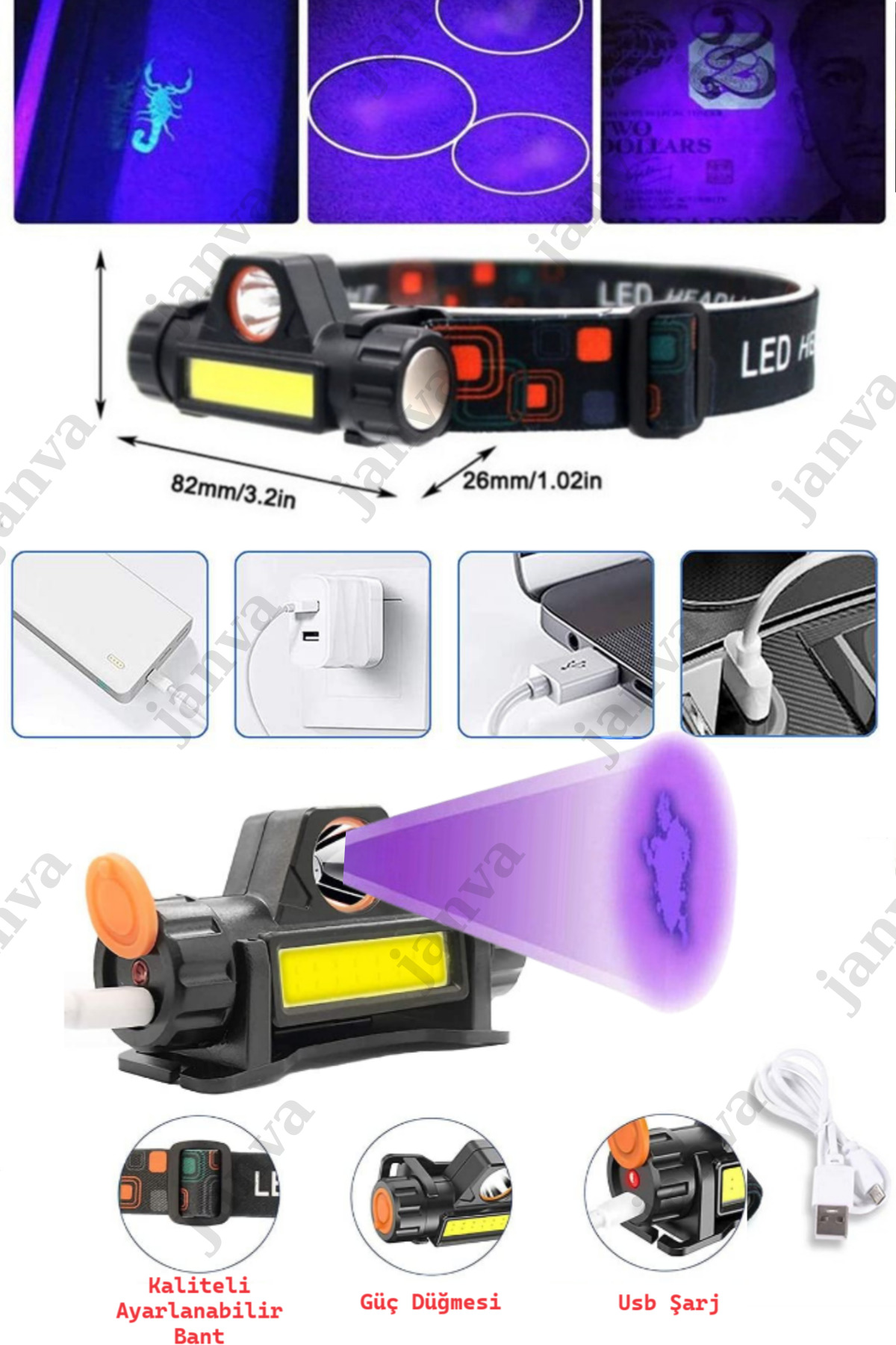 Janva Uv Morötesi Kafa Lambası Usb Şarjlı Balıkçı Para Kontrol