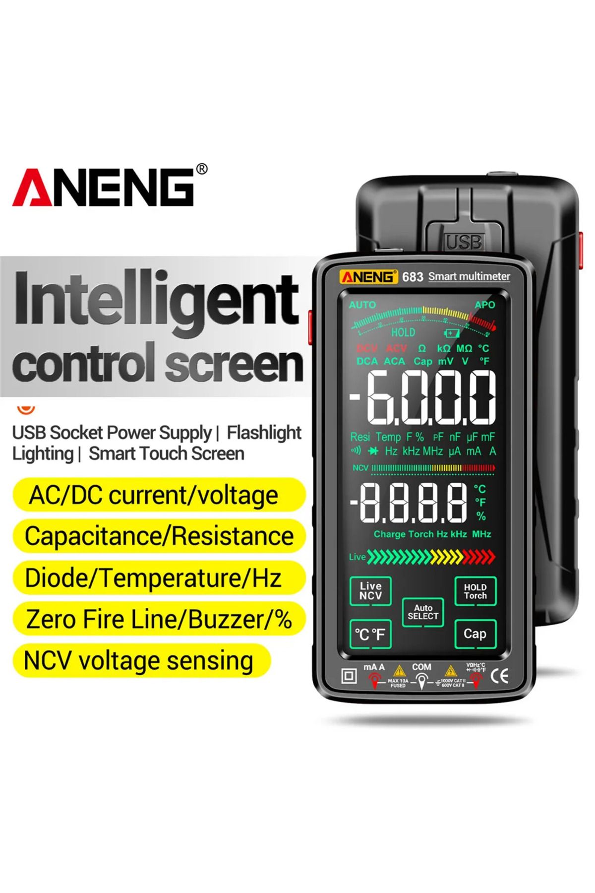 Shunmaii-ANENG 683 Smart Multimeter High-end Touch 6000 Counts Multimetro Test Rechargeable Multitester AC... 2