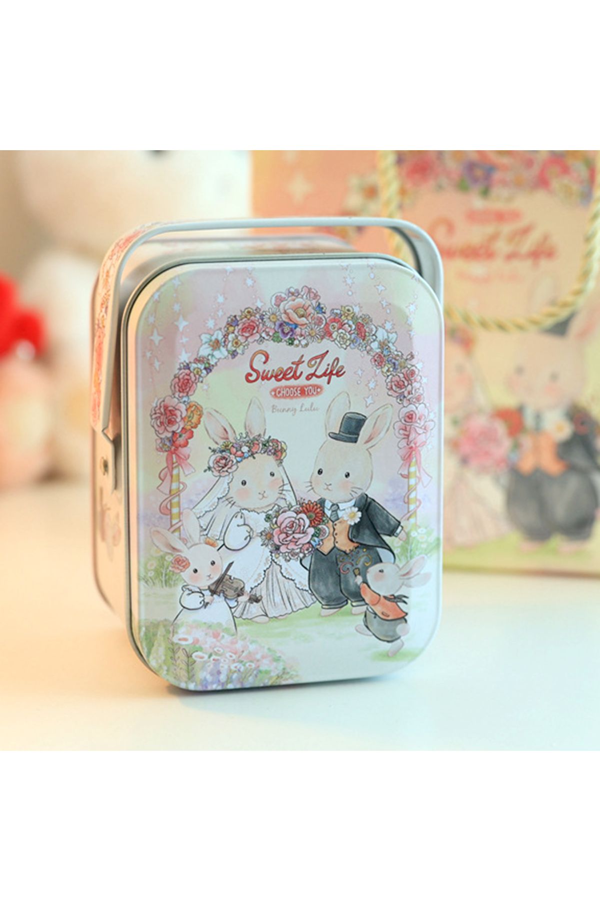 Choice-Metal Rabbits Candies Tin Box With Handle Portable Biscuits Storage Case Cartoon Pattern Candy Bo... 3