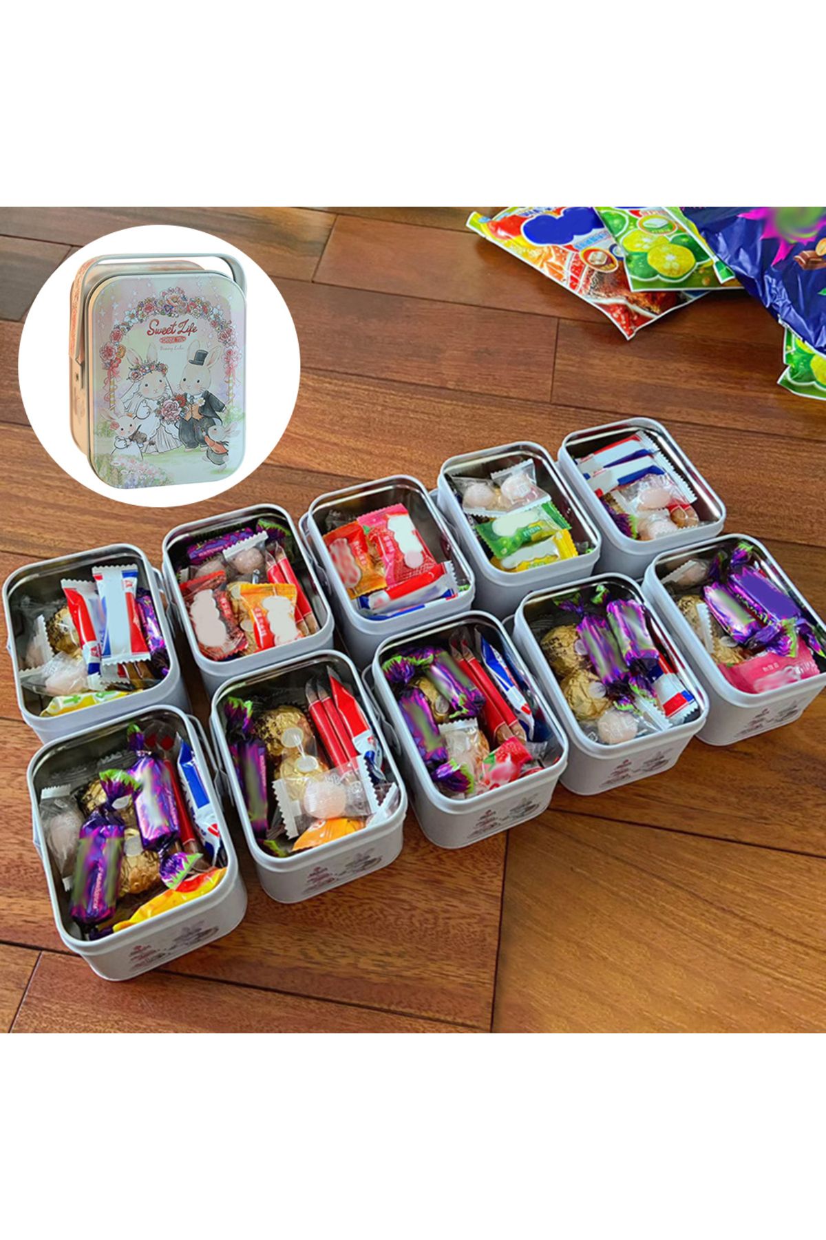 Choice-Metal Rabbits Candies Tin Box With Handle Portable Biscuits Storage Case Cartoon Pattern Candy Bo... 5