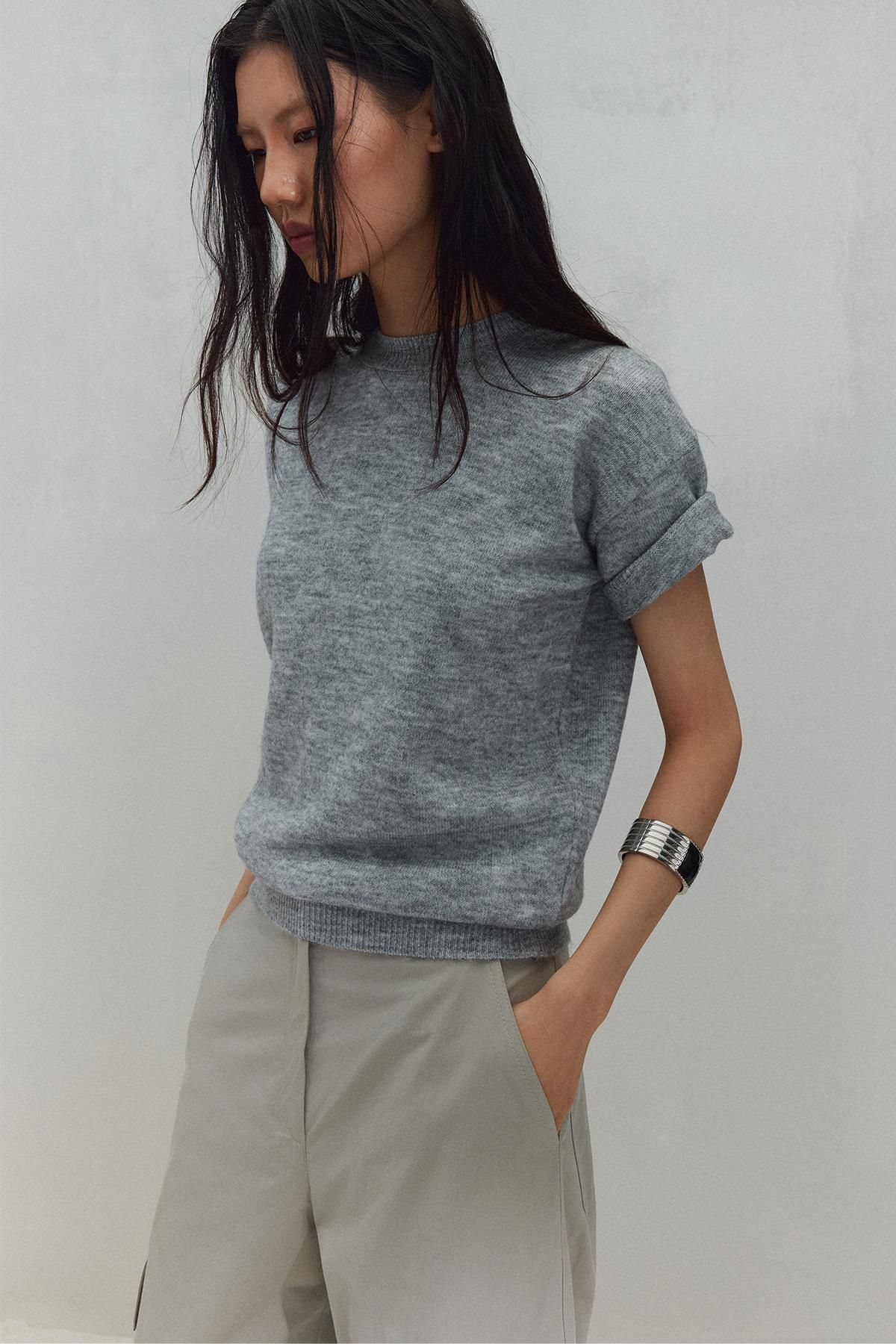 Suud Collection-Gray Robe Short Sleeve Sweater 4