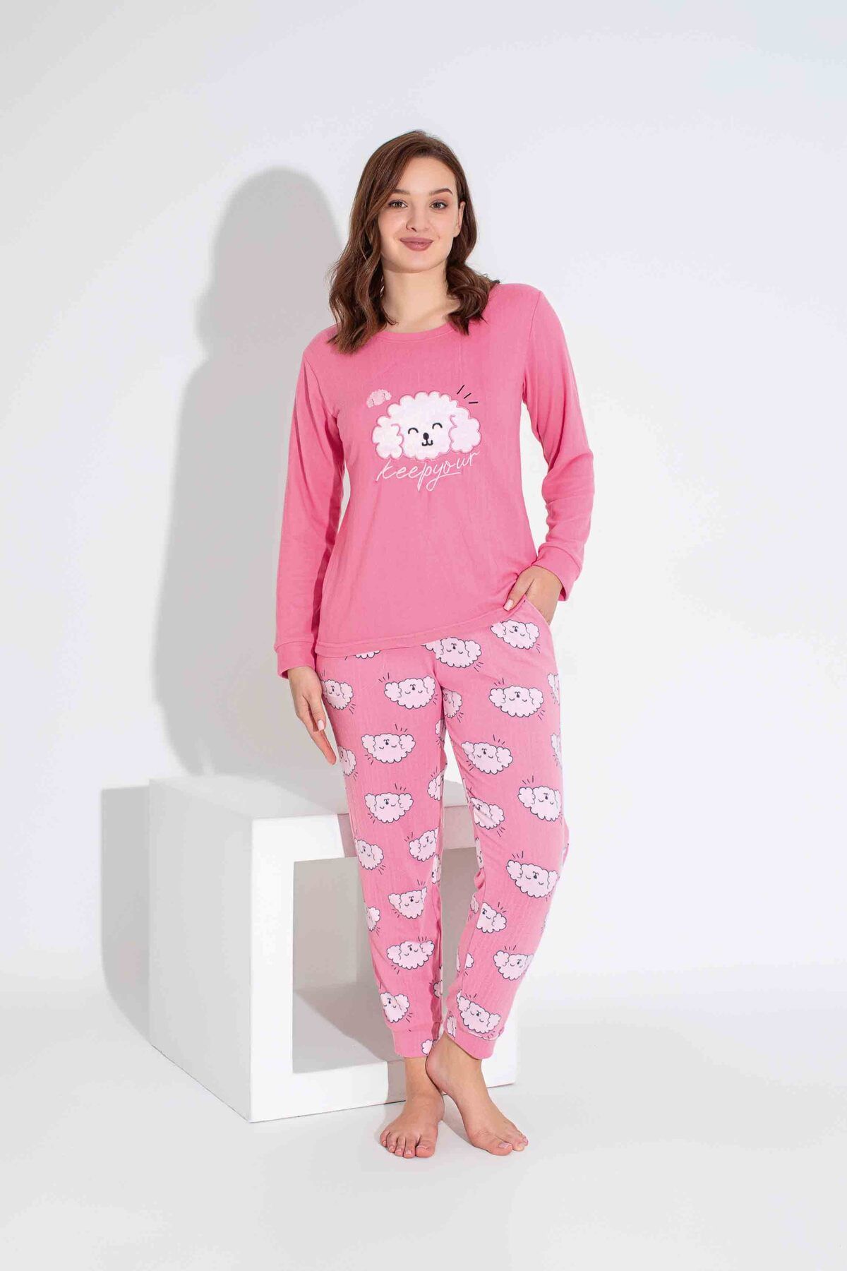 Tarık-Mother and Girl Thermal Pambe Lamb Embroidered Winter Warm Pajamas Set 4