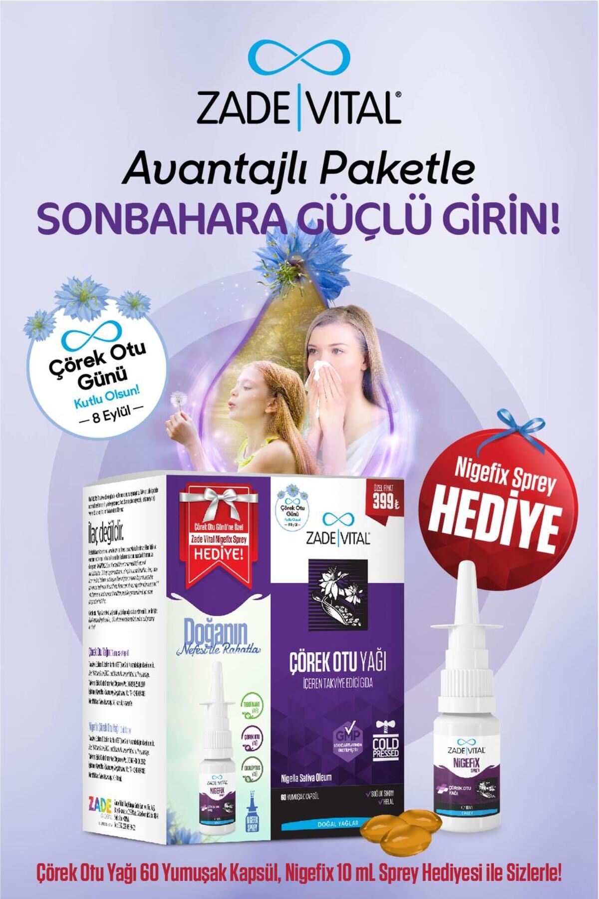 Zade Vital Çörek Otu Yağı 60 Kapsül + Nigefix Sprey 10 ml Hediye