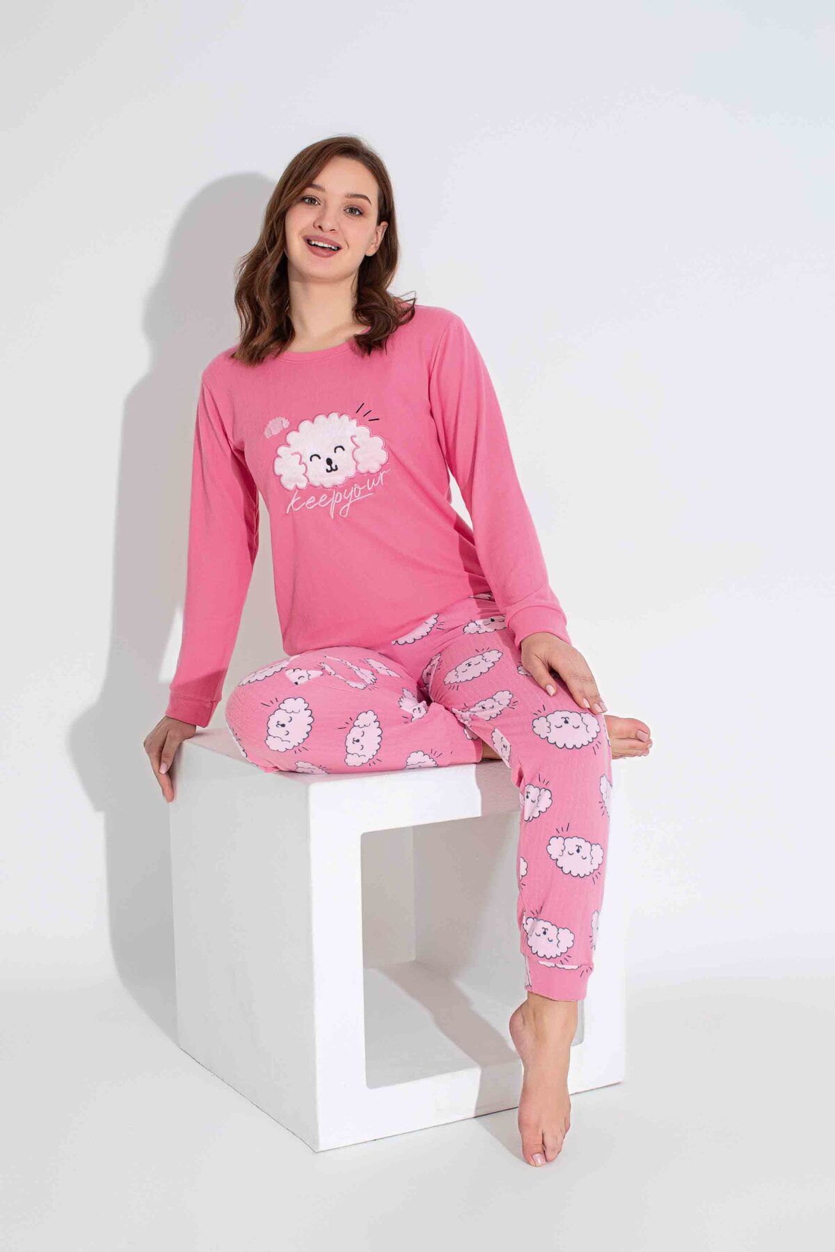 Tarık-Mother and Girl Thermal Pambe Lamb Embroidered Winter Warm Pajamas Set 3