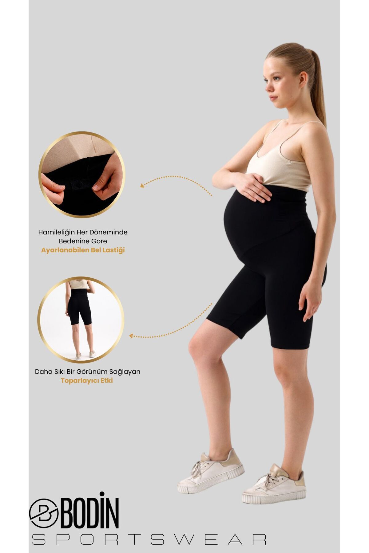 bodin Diz Üstü Biker Esnek Ayarlanabilir Bel Hamile Şort Tayt