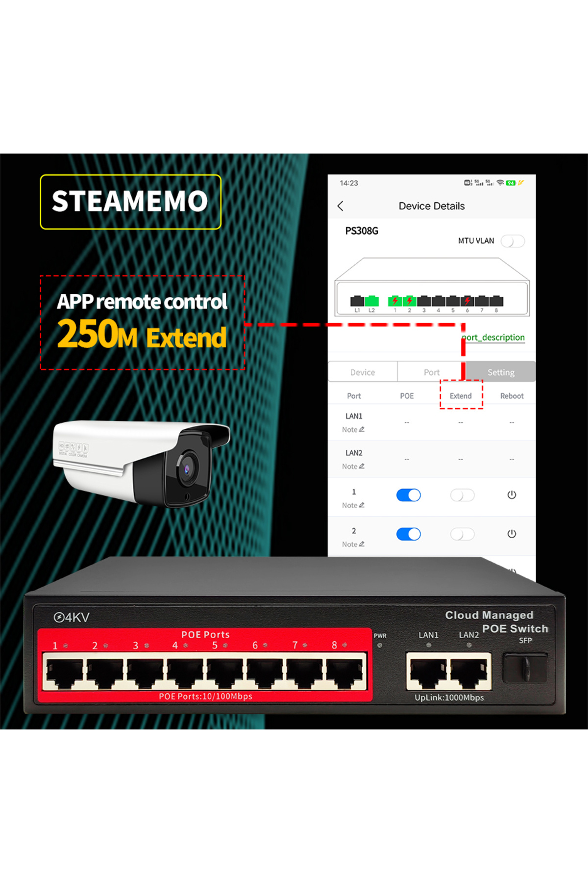 Choice-STEAMEMO Cloud-managed POE Switch 4/8/16 Port 48V Active POE Desktop 100/1000Mbps SFP APP Control... 7