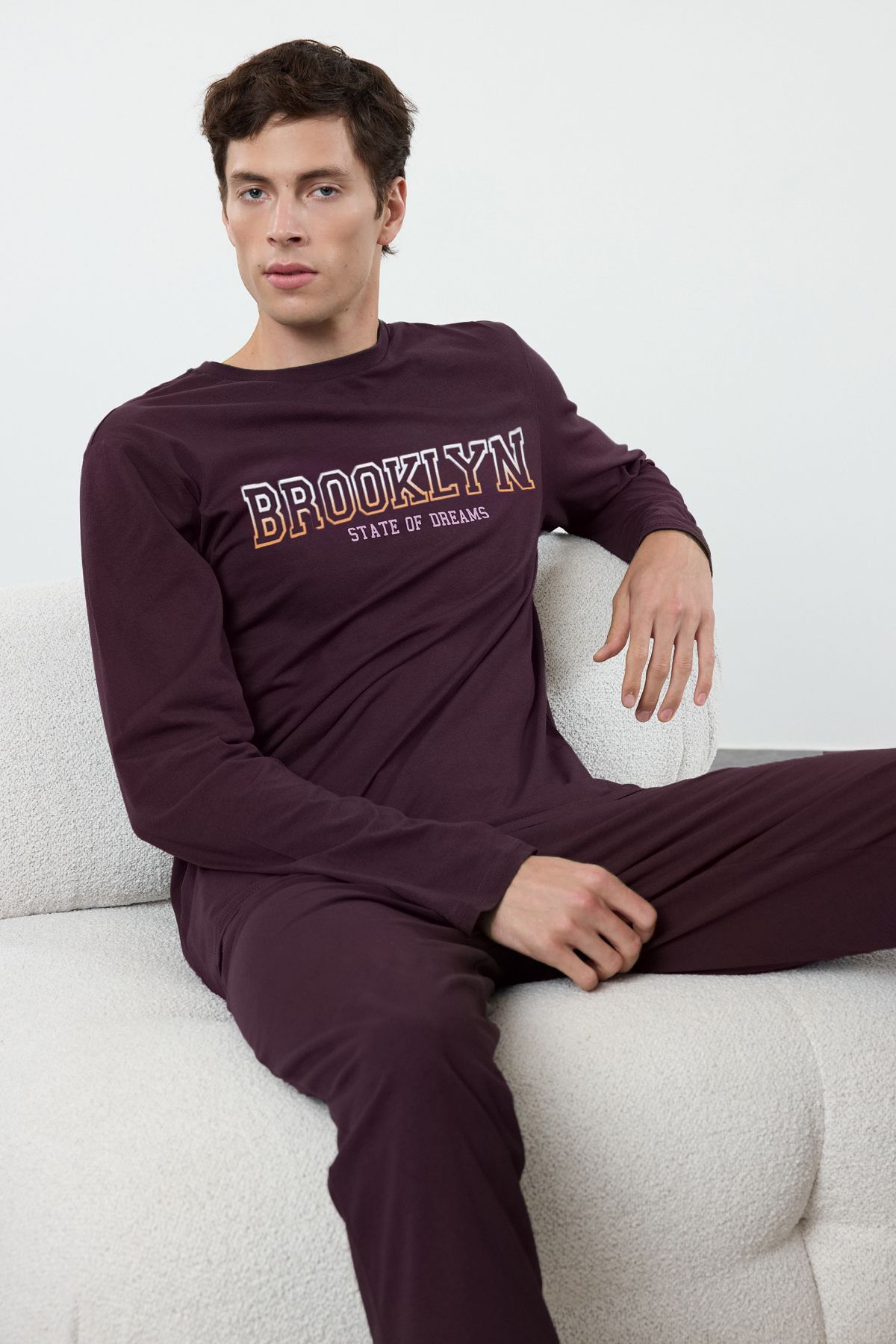 Trendyol Collection Set De Pijamale Pentru Bărbați, Cu Imprimeu Violet Închis, Cu Croiala Obișnuită - 100% Bumbac Masculin - M